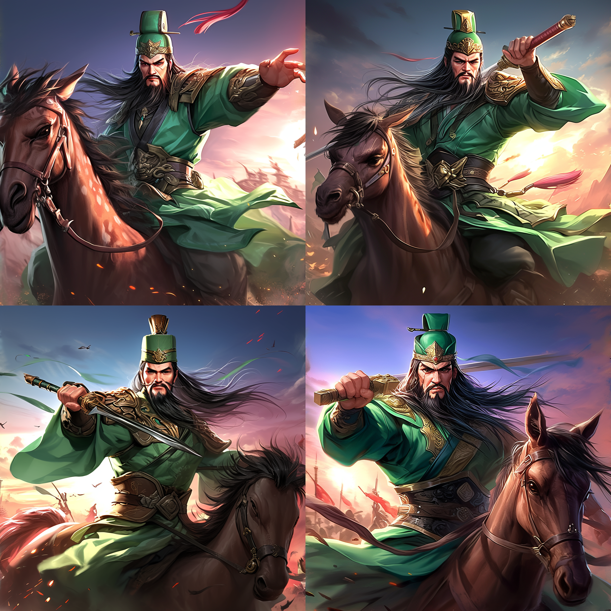 关羽身着绿色战袍，金色铠甲，骑的是雄性长颈鹿。右手握长柄偃月刀，左手托着金元宝，目光坚定。他不胖不瘦，大概30岁。威严，力量，决心。史诗风格，暖色调，全景视角，逆光，动作凝固，古代战士，英雄。