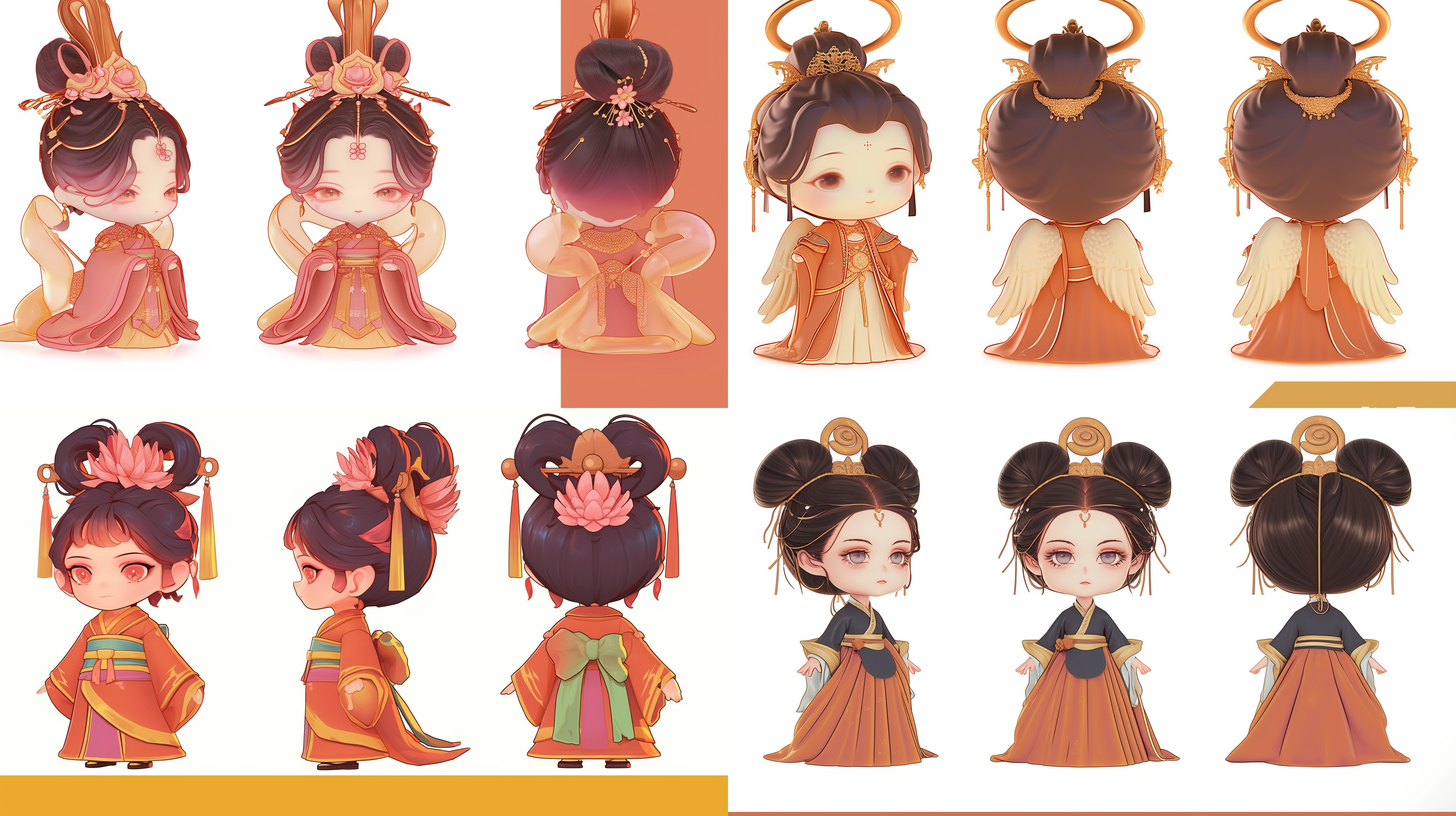 三视图，正视图，侧视图，背视图，q版，三头身，可爱，古风小女孩，花朵，糕点full body, enerate three views, namely the front view the side view abd the back view, super cute girl ip by pop mark, colorful, plastict ransparent, soft lighting, glowing body,mockup, blind box toy,fine luster,clean background, 3d render, oc render, best quality 4k, ultra detailed, crazy details