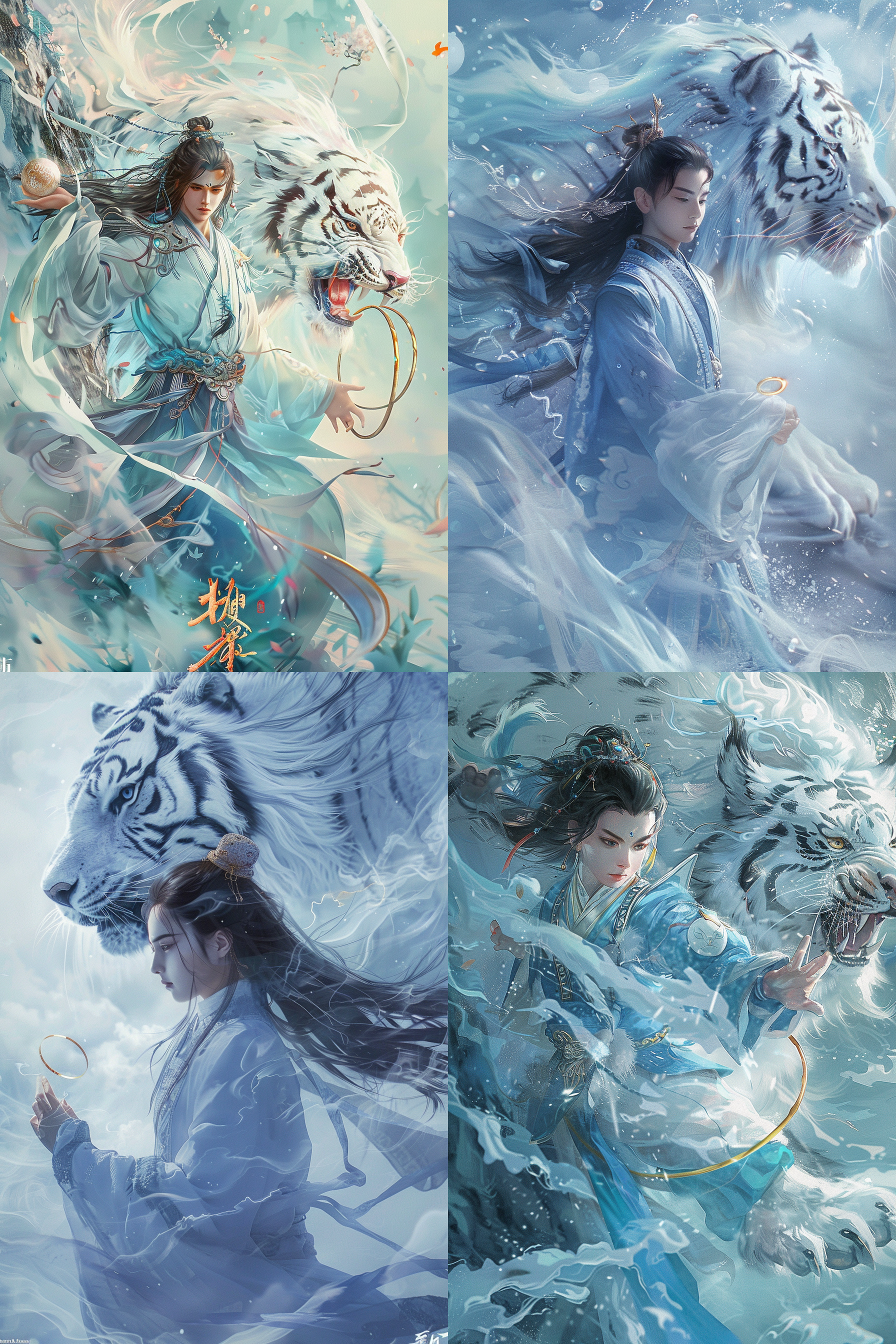 叶瑞坤，震撼的画面，梦幻的场景，墨风格，溅墨元素，笔触，中国画，中国传统，中国神话，远景，全景镜头，一个长发的古代中国孩子，头上扎着丸子头，身穿蓝色道袍，一手拿着一颗金光闪闪的珠子，他站在一只巨大的白虎身上，白虎的身体透明，浅蓝色，身上有一只金箍儿，漂浮在云海中。