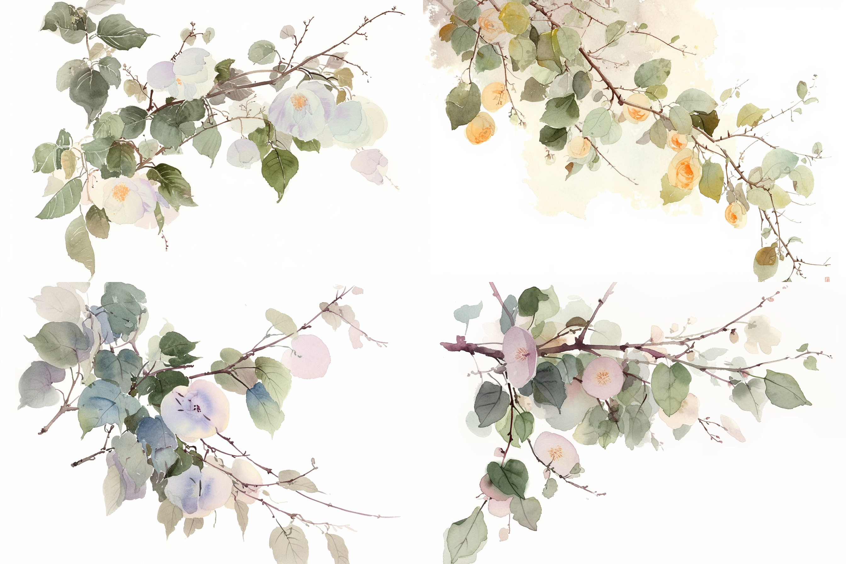 中国水彩花卉，细腻的花朵绽放在纸上，色彩鲜艳。传统风格，静态构图，轻盈笔触，瓷白纸张，自然光线，柔和阴影，富有生机，温暖色调，优雅情感。