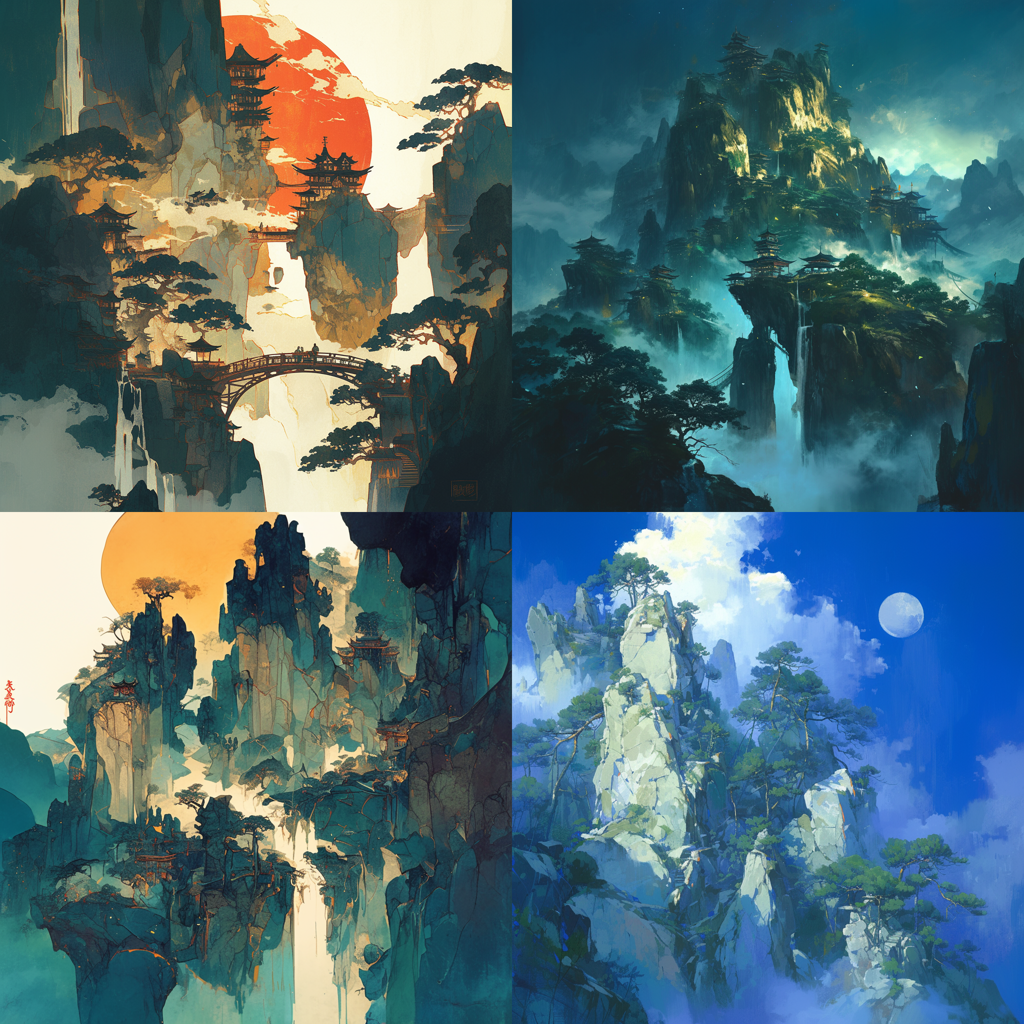 远山苍翠，雄关峻峭，夜色笼罩。侧光照耀，古风唯美，神秘气息。中国风画风，表现力十足，雄壮震撼，深邃神秘，浓烈色彩，动感十足。