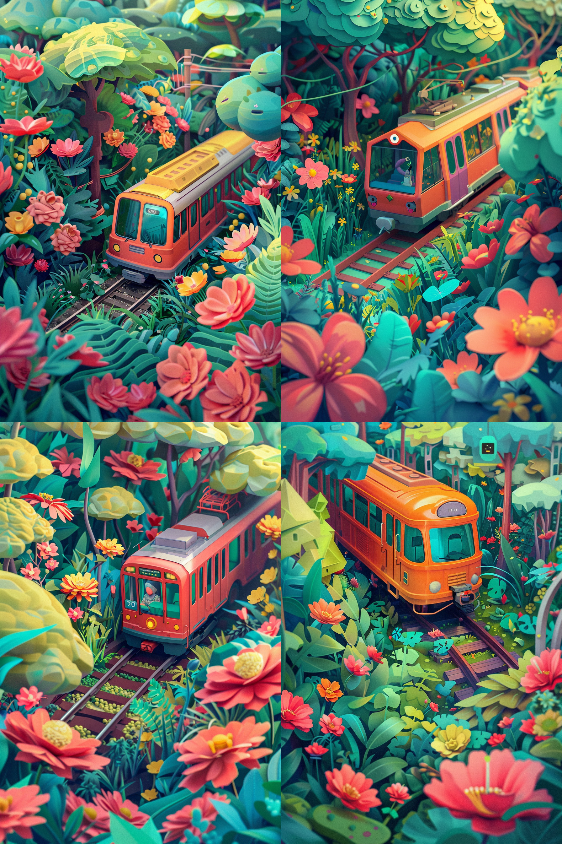 metro on the tracks, surrounded by flowers,on top green grass, in the style of cute cartoonish designs, dreamlike visuals, soft sculptures, webcam, bright colors, bold shapes, coastal landscapes, capturing moments