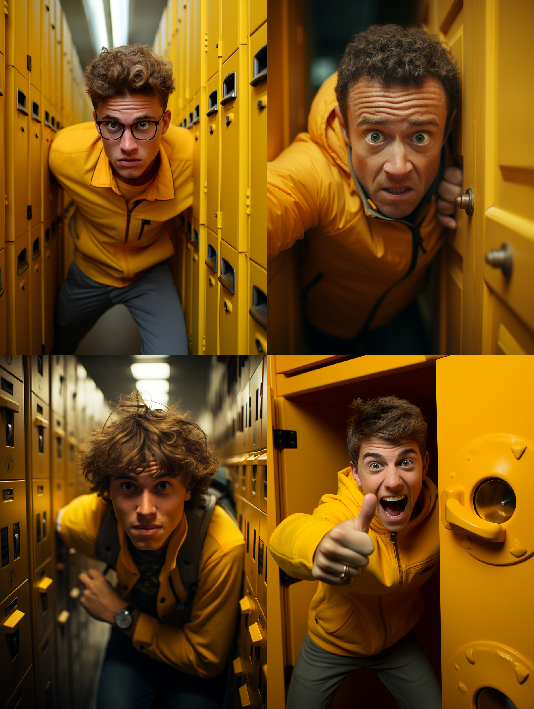 学生生气，拆卸柜门，室内环境，淡黄色，抓怕镜头，愤怒表情，锁孔，静态，暖色调，校园生活，愤怒。