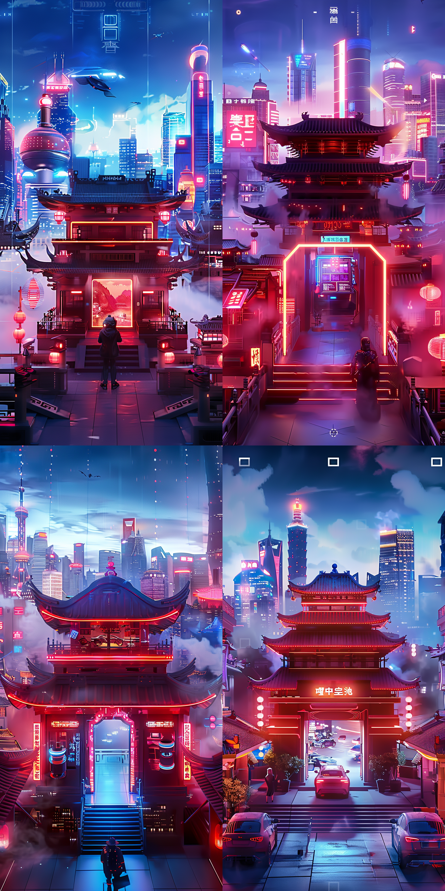 4k超高清画质，东方赛博朋克，城市夜景，高楼大厦，霓虹灯光，烟雾弥漫，飞行汽车，机械装置，黑色皮衣，电子眼镜，冷色调，未来感，神秘充满活力。