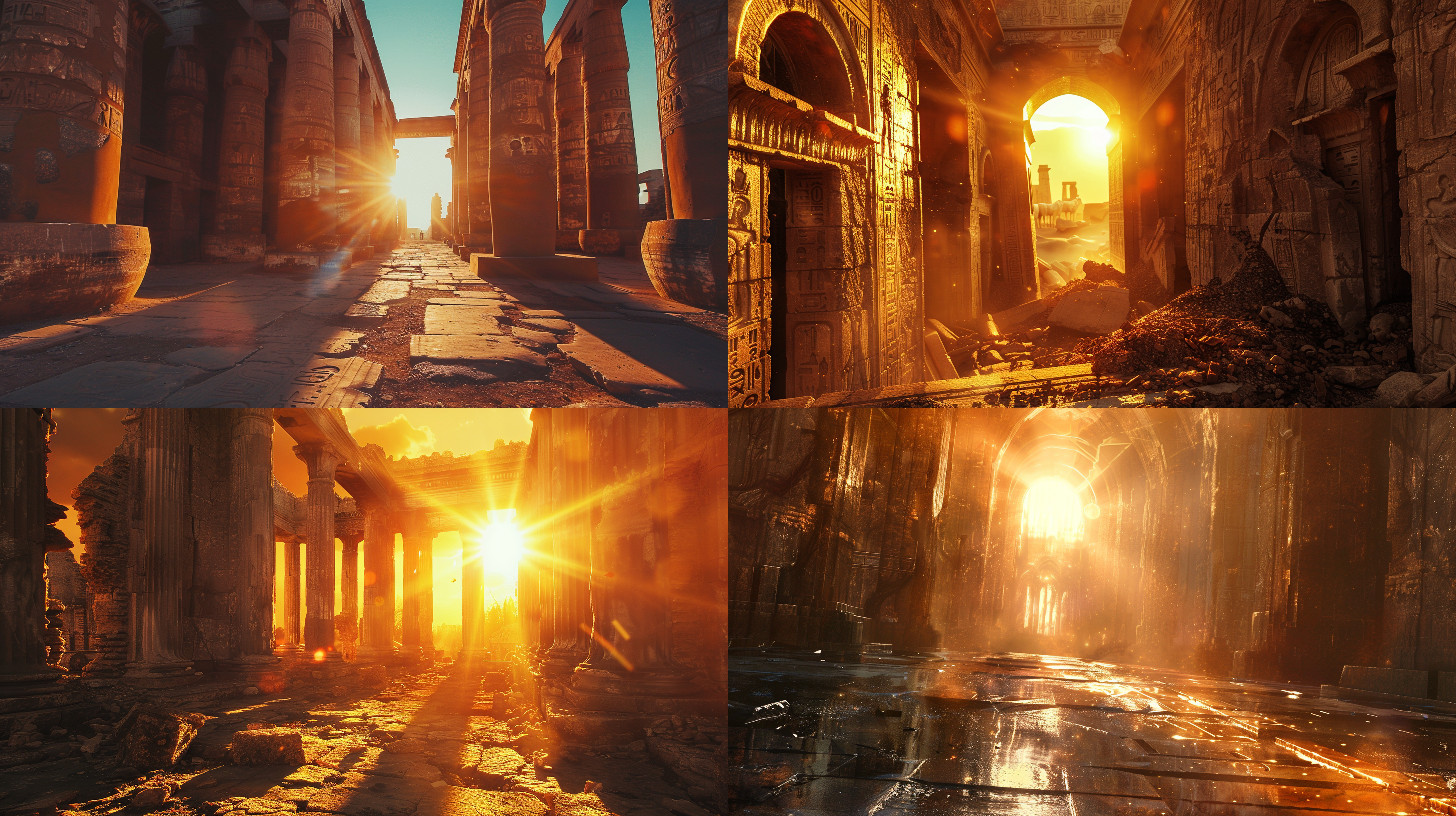 镜头，夕阳照耀，壮观的场景，威武的形象，激烈的动作，金属质感，古老的建筑，冷色调，震撼人心。