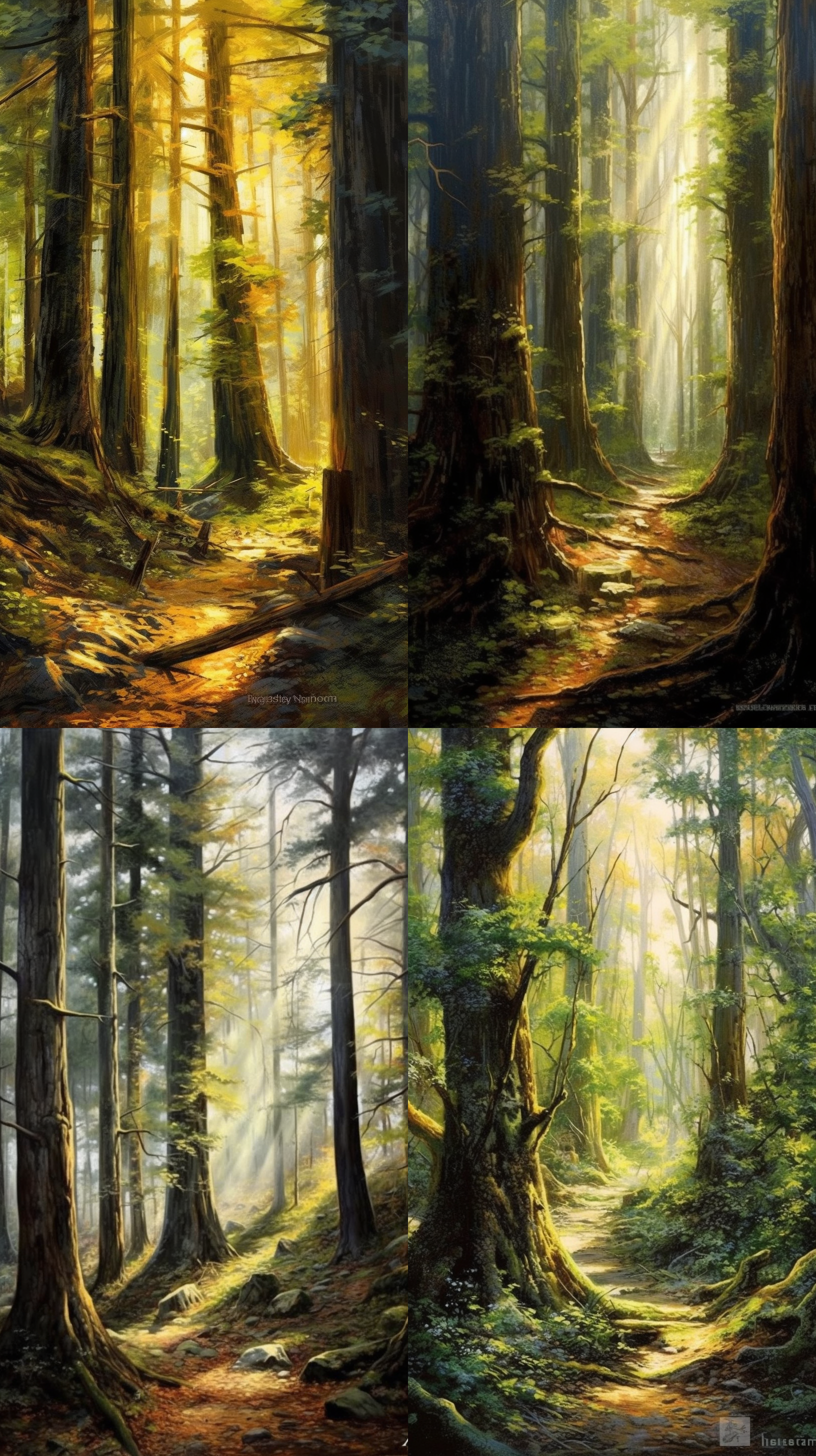 参天大树，森林中，阳光光束，巨大树干，细节纹理，自然色调，宁静，孤独，树影。