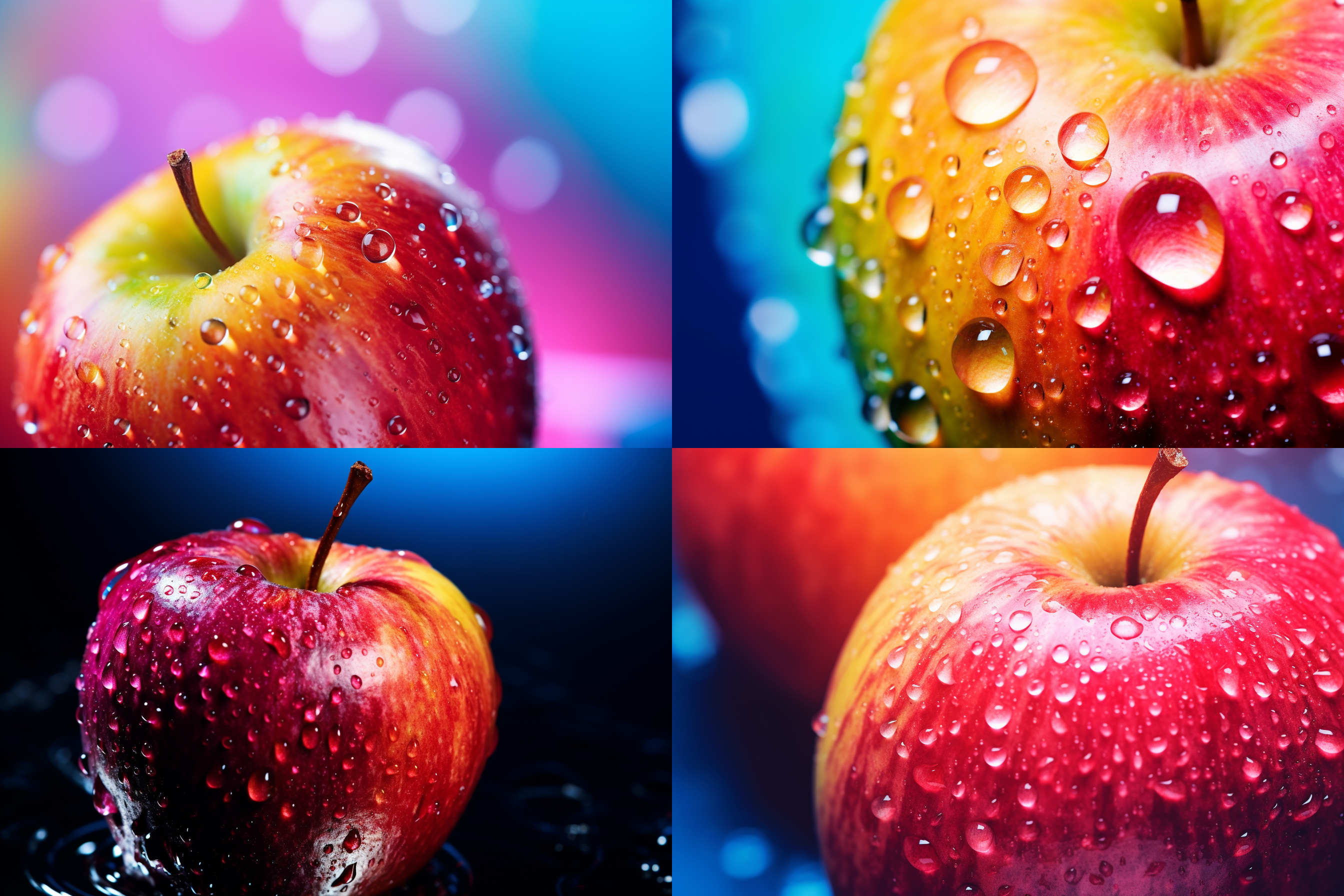 抽象苹果艺术，落水效果，明亮色彩，简约风格，彩色背景，微距镜头，侧光，静态，水滴，饱和色彩，清新。