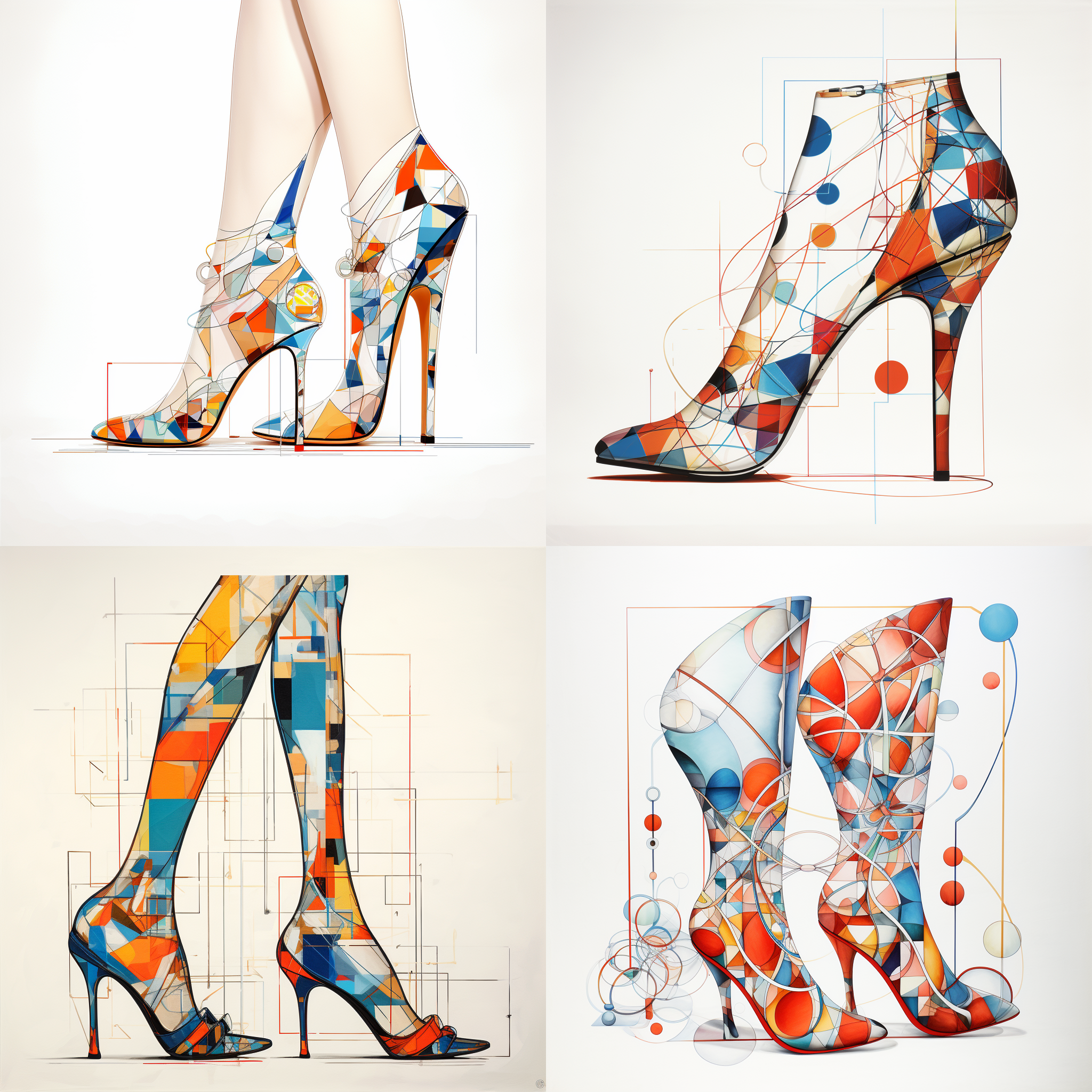 彩色鞋跟的一双脚，白色背景上有脚和鞋跟的线描图案，立体感强，adam saks的插画风格，精确主义，细节丰富，线条清晰，白色背景，鲜艳的色彩，几何形状。