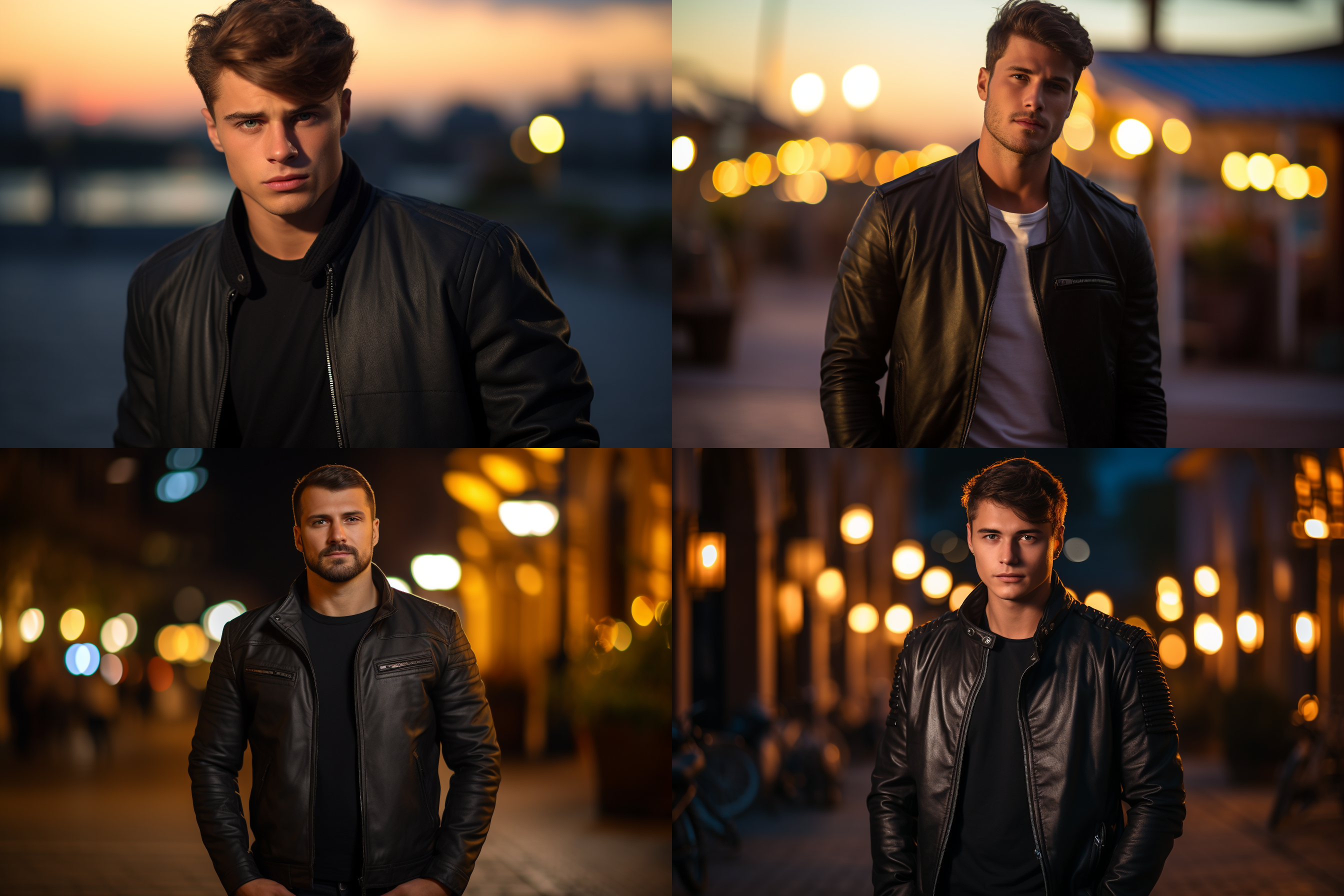 模特穿着黑色真皮bomber夹克，时尚设计，户外背景，室外拍摄，动态姿势，高清晰度，迷人表情，夕阳余晖，中焦距镜头，侧光，自信。