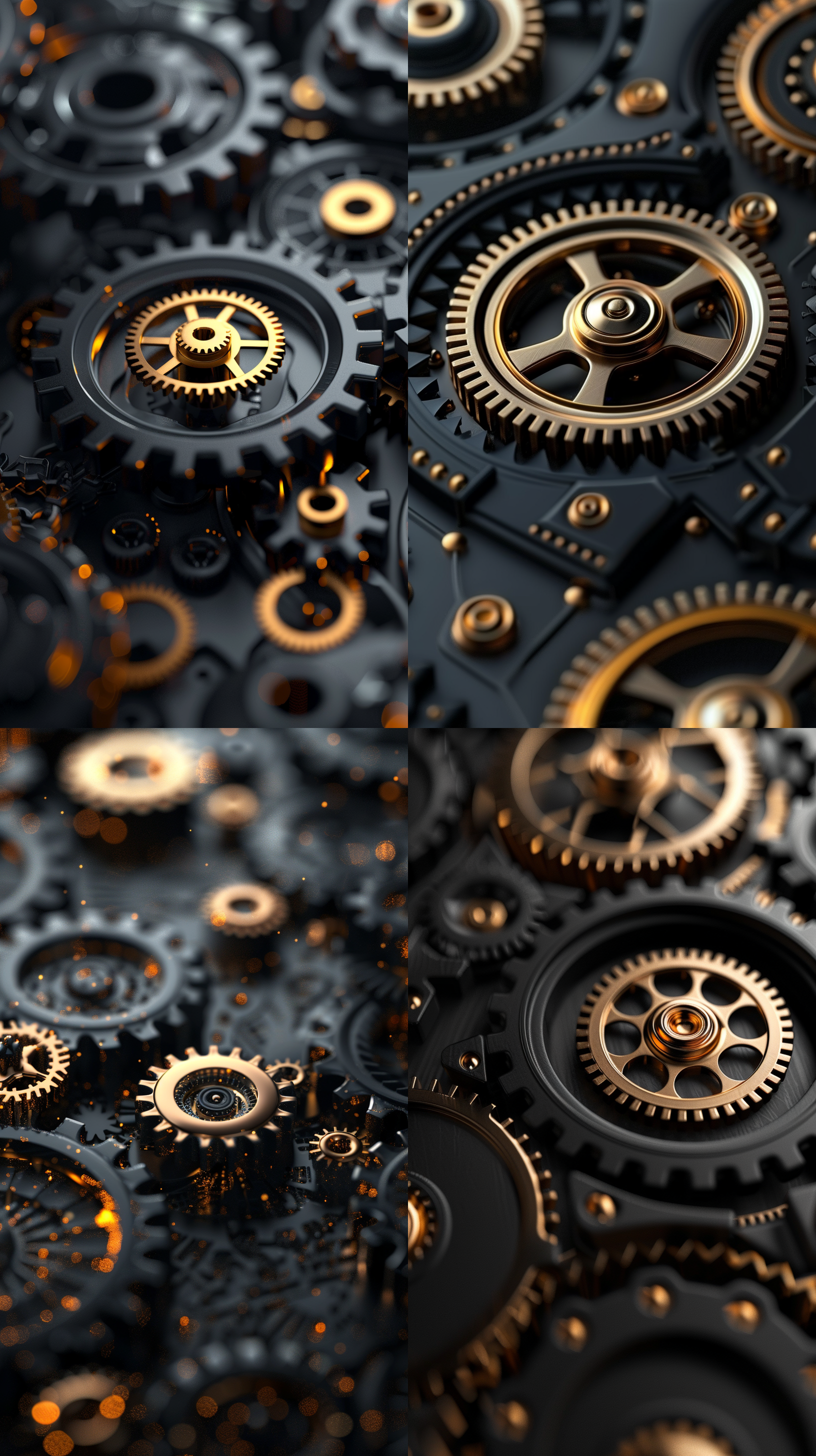 渐变的黑色和金色，明暗对比，透明的磨砂，3d图标渲染，转动的齿轮，干净背景，3d等距，砂玻璃，机械风格，极简主义