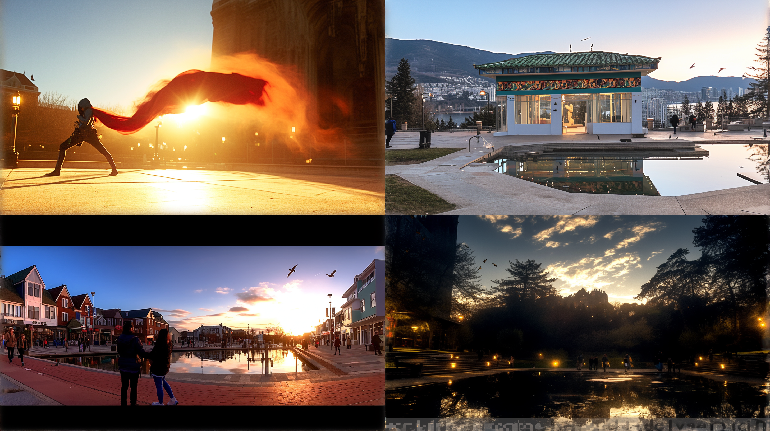 a body of water with a building in the background at sunset or dawn with a bird flying over it, an impressionist painting, academic art, sunset, alfred east