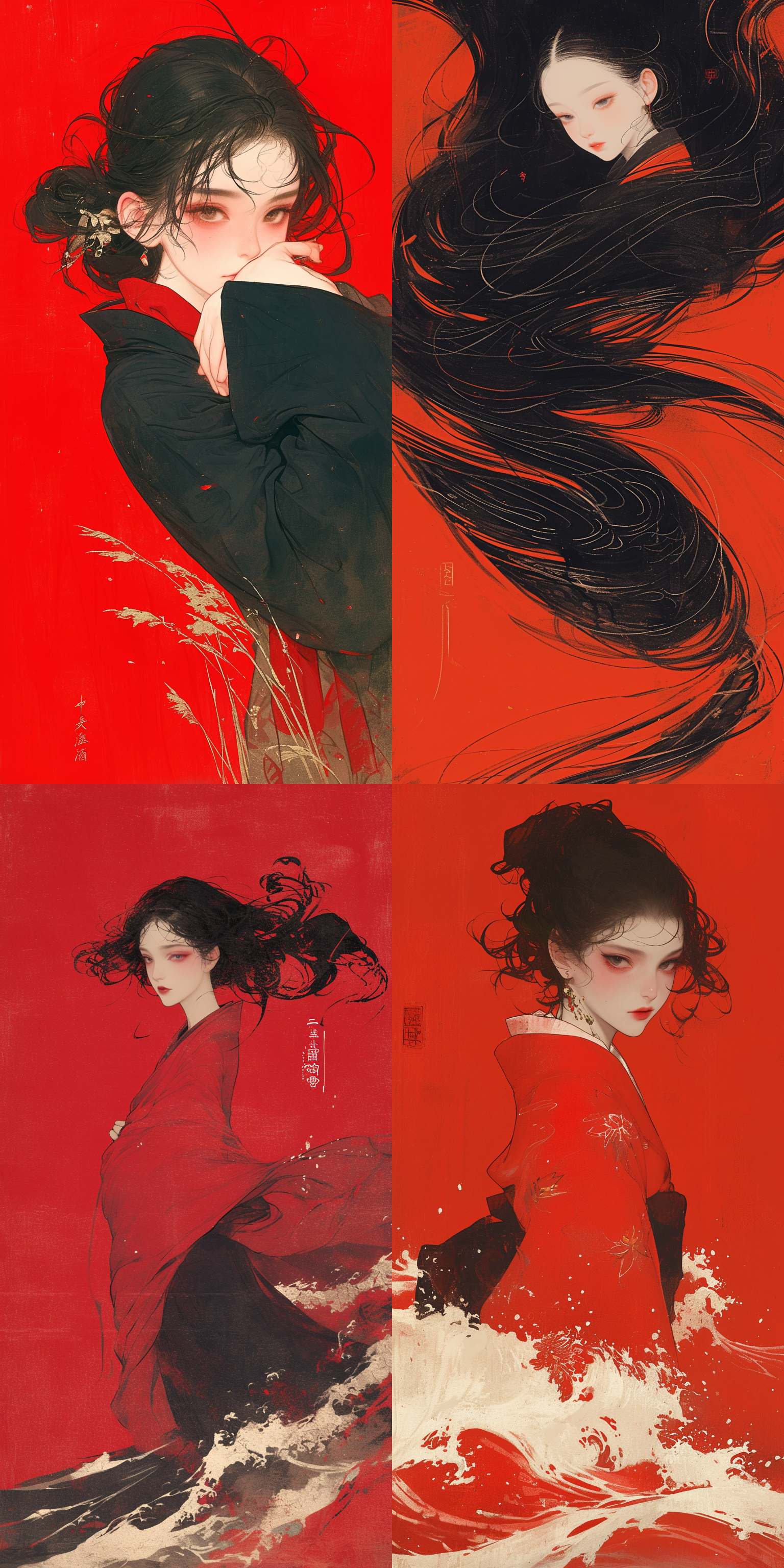 one beauty girl,ancient chinese minimalist painting,disney style,wavy seaside composed of 30 pieces of calligraphy scroll rice paper,pure red background,minimalist paintingbackground,blank composition,facial close-up,looking at viewer,film texture,crazy details,8k,ultra hd