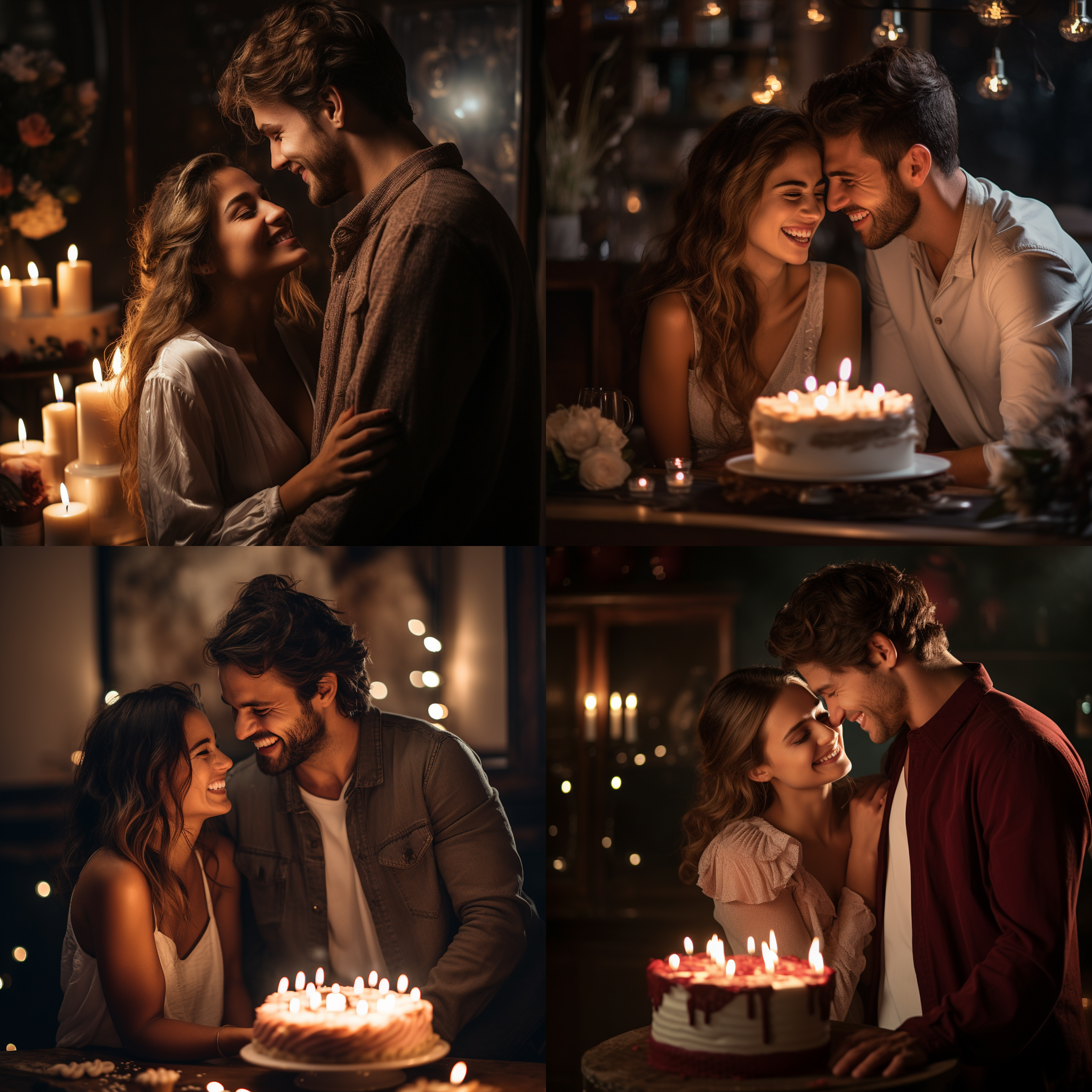 年轻恋人对视，蛋糕前，烛光下，浪漫，微笑，烛光，暖色调，头像照，情侣服装，情感，静态，庆祝，细节。