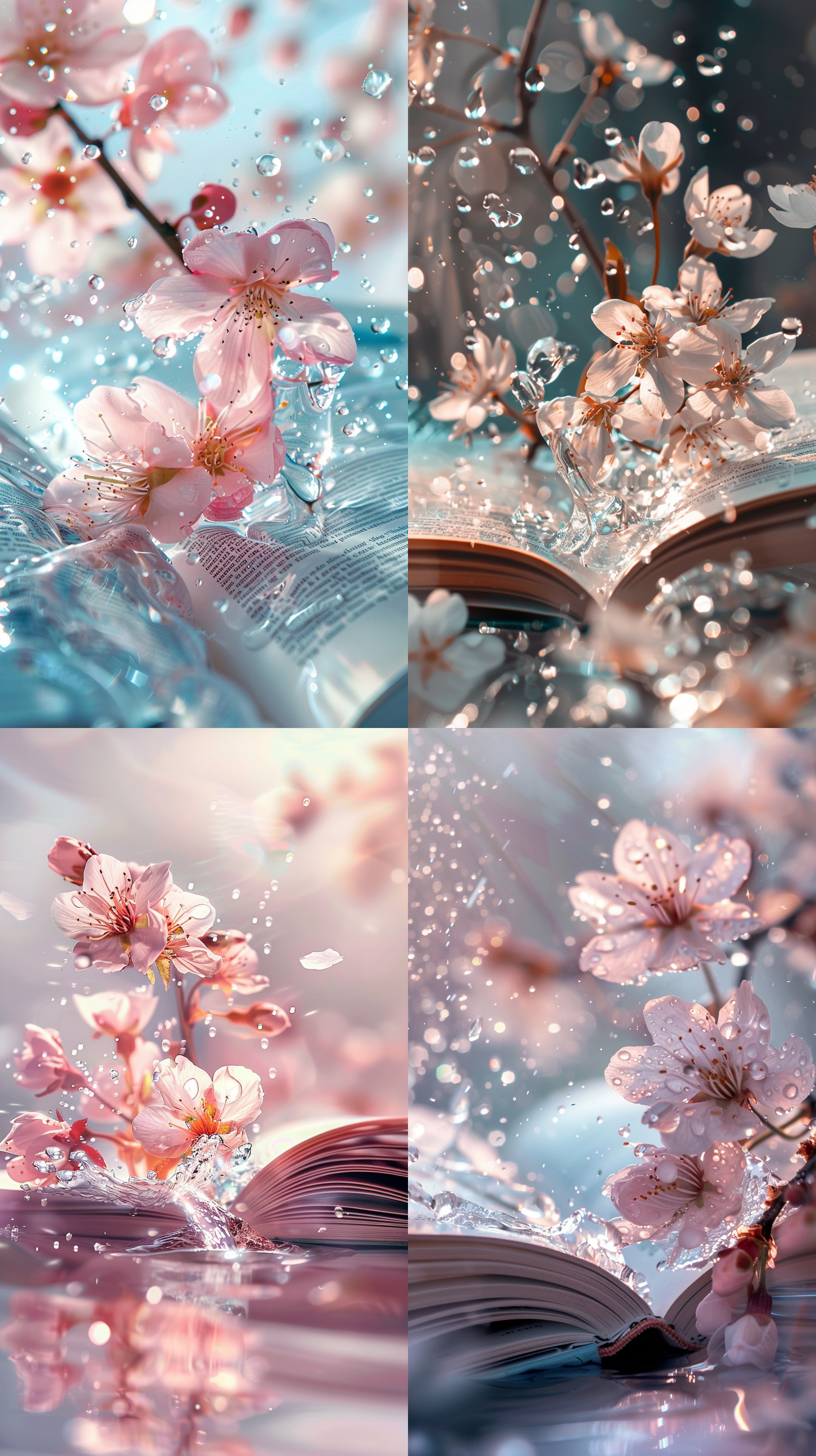翻开的一本书，升腾起炫彩的光线，一朵桃花，水珠儿晶莹剔透。背景干净清透。