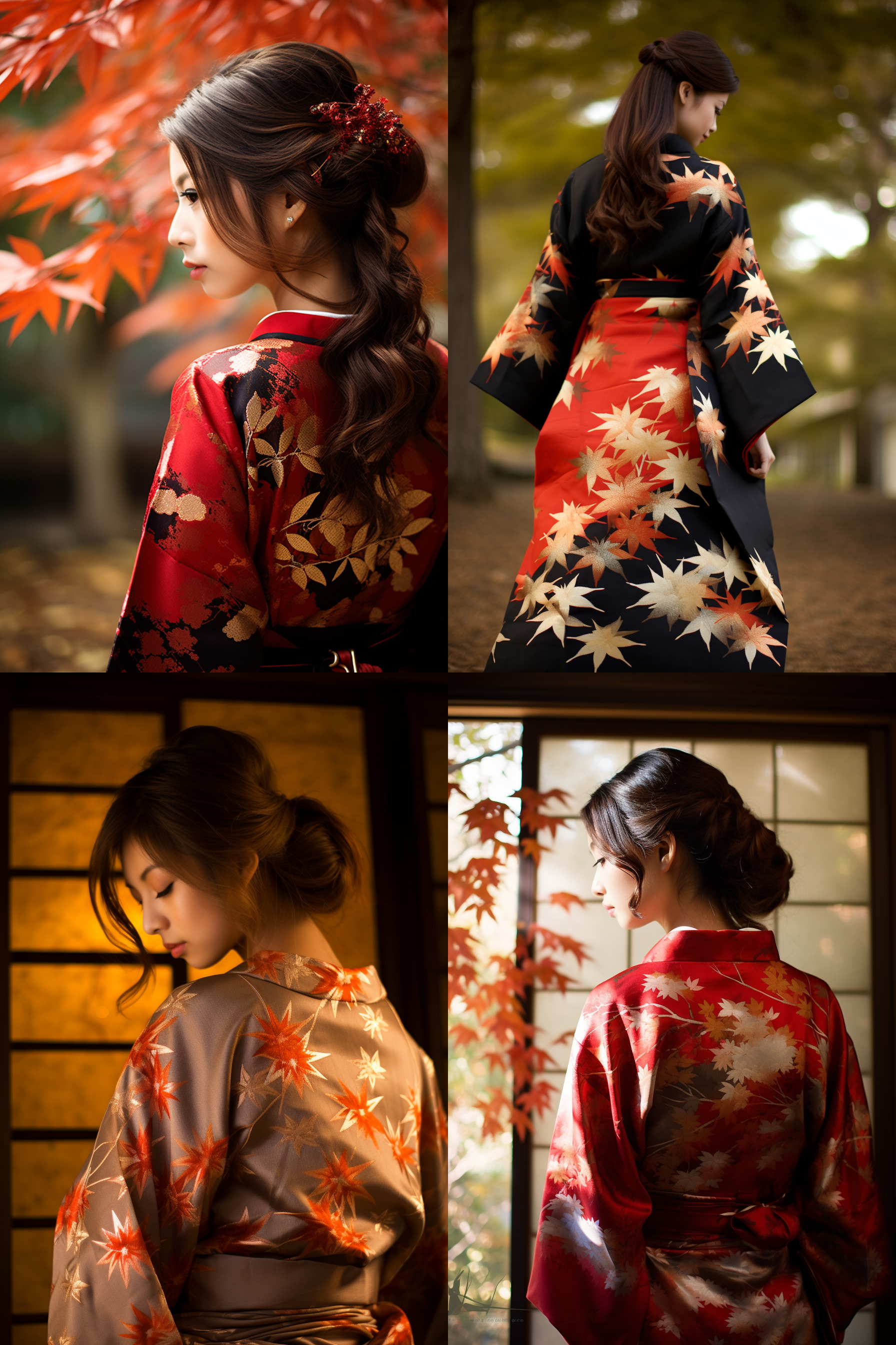日本女孩和服，枫叶背静