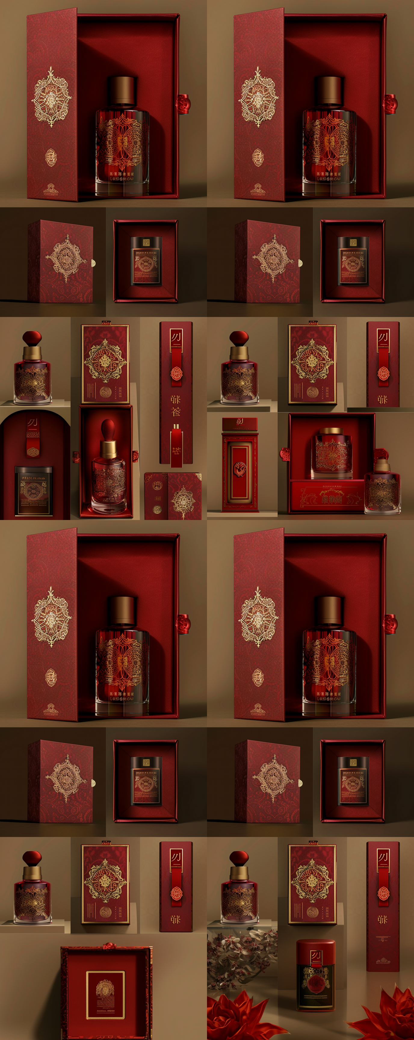 豪华包装盒，丝绸和皮革材质，烫金和压纹装饰，开窗设计展示化妆品容器，高质感。