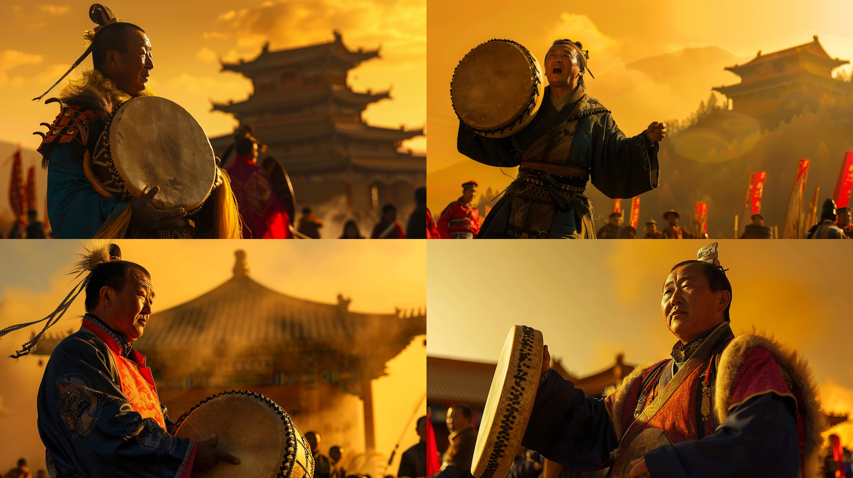 萨满巫师手持圆鼓，专注表情，神秘氛围，低角度，广角镜头，昏黄画面