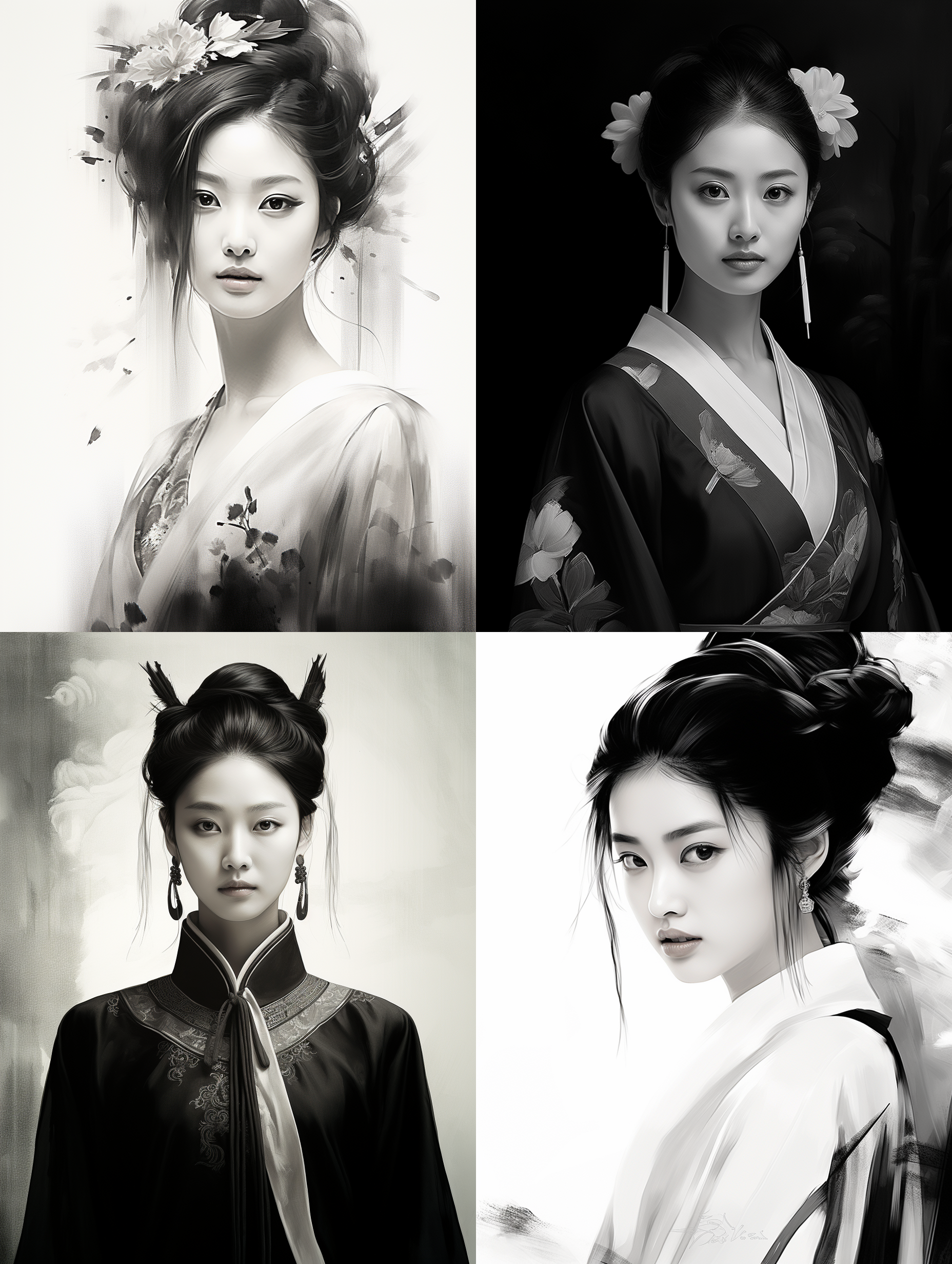 中国美人，唐代服饰，传统水墨风格，古典背景，肖像构图，细节表现，优雅神态，仇英风格，留白濡染，黑白对比，情感丰富。