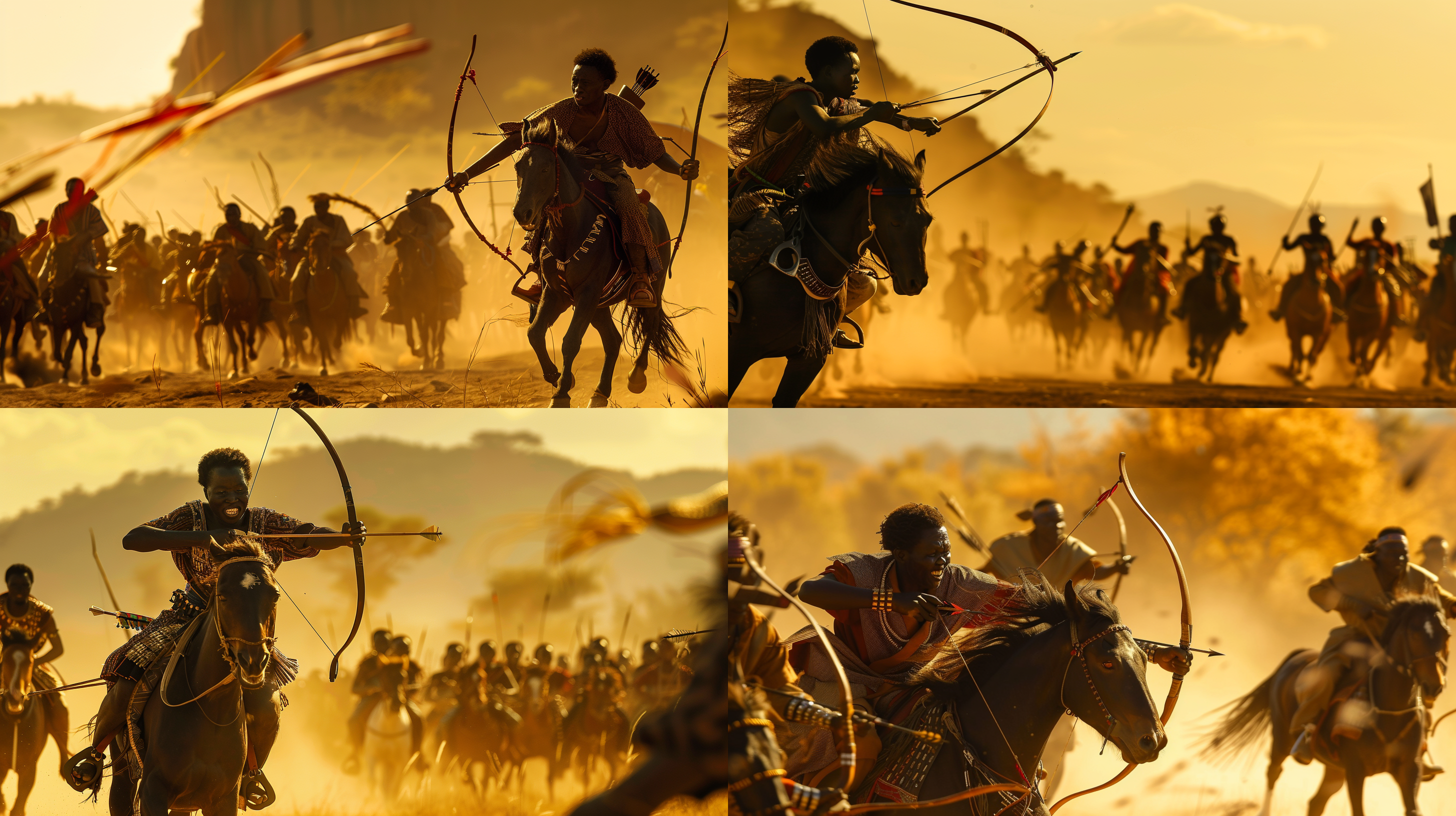 古代狩猎部落，草原上，部落勇士骑马持弓箭，追逐猎物，英勇威武