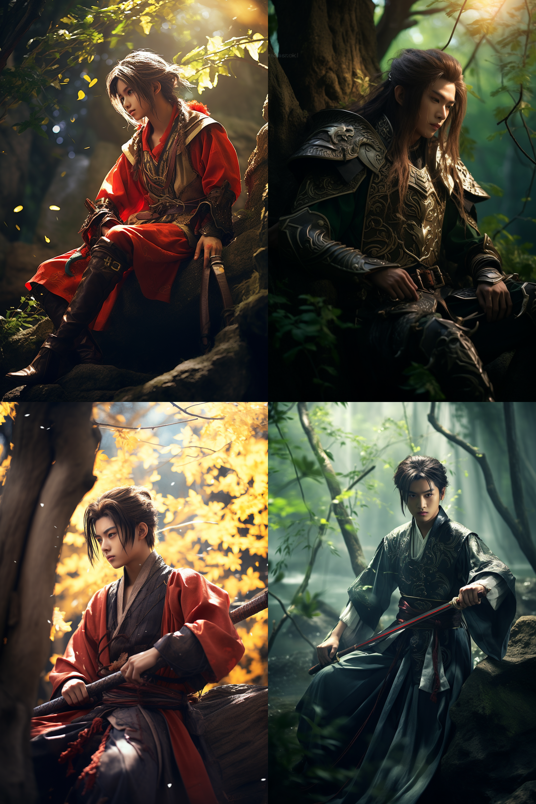 少年砍树，树林中，3d动漫风格，中国仙侠古风，丰富颜色，深吸口气，听声音，华丽服装，激动表情，细节丰富，逆光拍摄，长焦镜头，戏剧性。