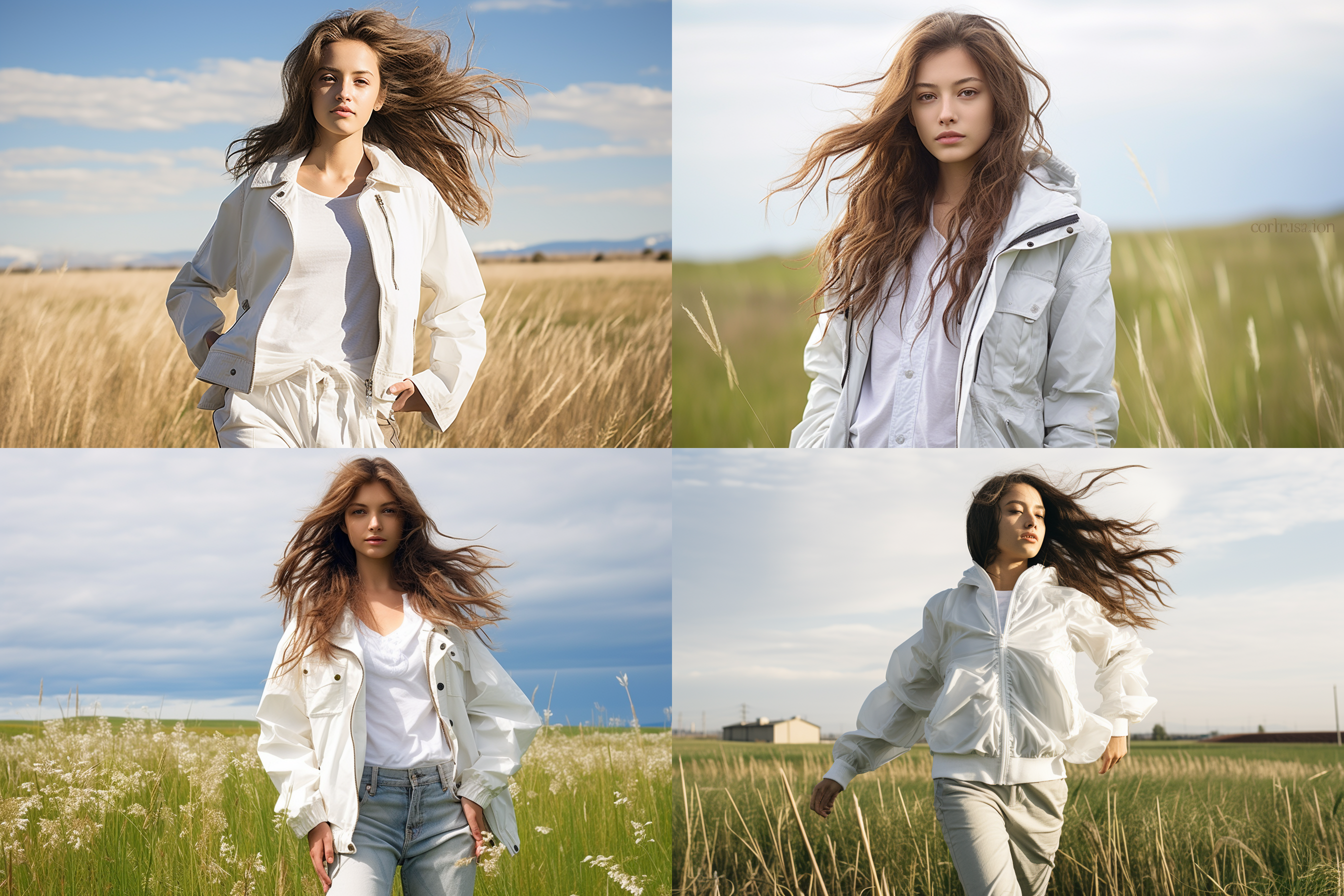 年轻长发女性模特穿着白色尼龙材质的夹克服装，时尚设计，户外背景，在草原上拍摄，（草原细节清晰）动态姿势。全身图，全身图。 夹克服装，时尚设计，白色，尼龙材质，年轻，长发女性模特，动态姿势，户外背景，草原，清晰细节。