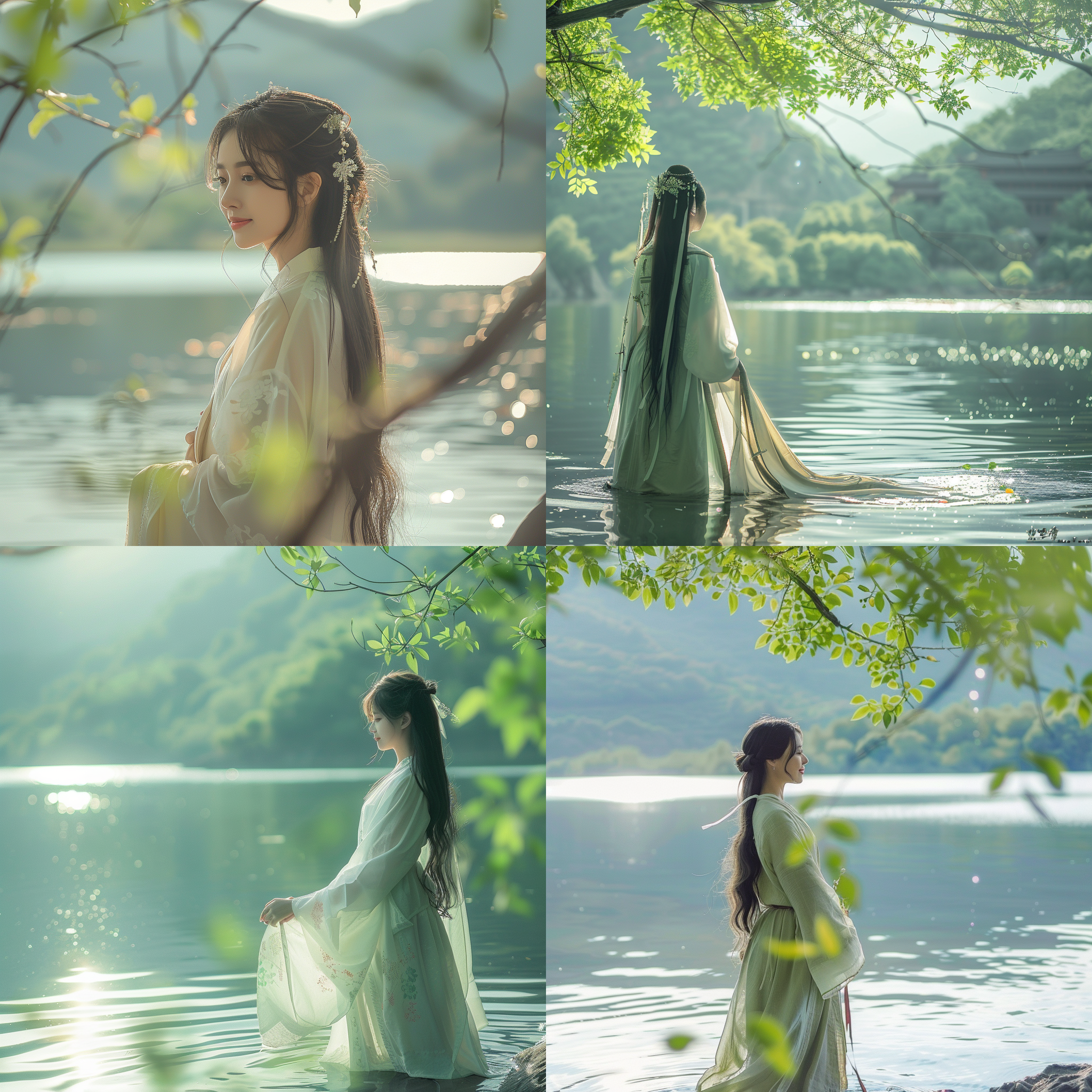 国风女孩从水中出来，身穿传统汉服，长发披肩，微笑着。她站在湖边，远处是青山绿水，阳光透过树叶洒在她身上。照片使用背景虚化效果，突出主题。色调以柔和的暖色为主，给人一种宁静祥和的感觉。水面上的倒影与她的姿态相互映衬，呈现出优美的画面。水中出来，国风女孩，汉服，微笑，青山绿水，阳光洒落，背景虚化，柔和暖色，倒影，优美。