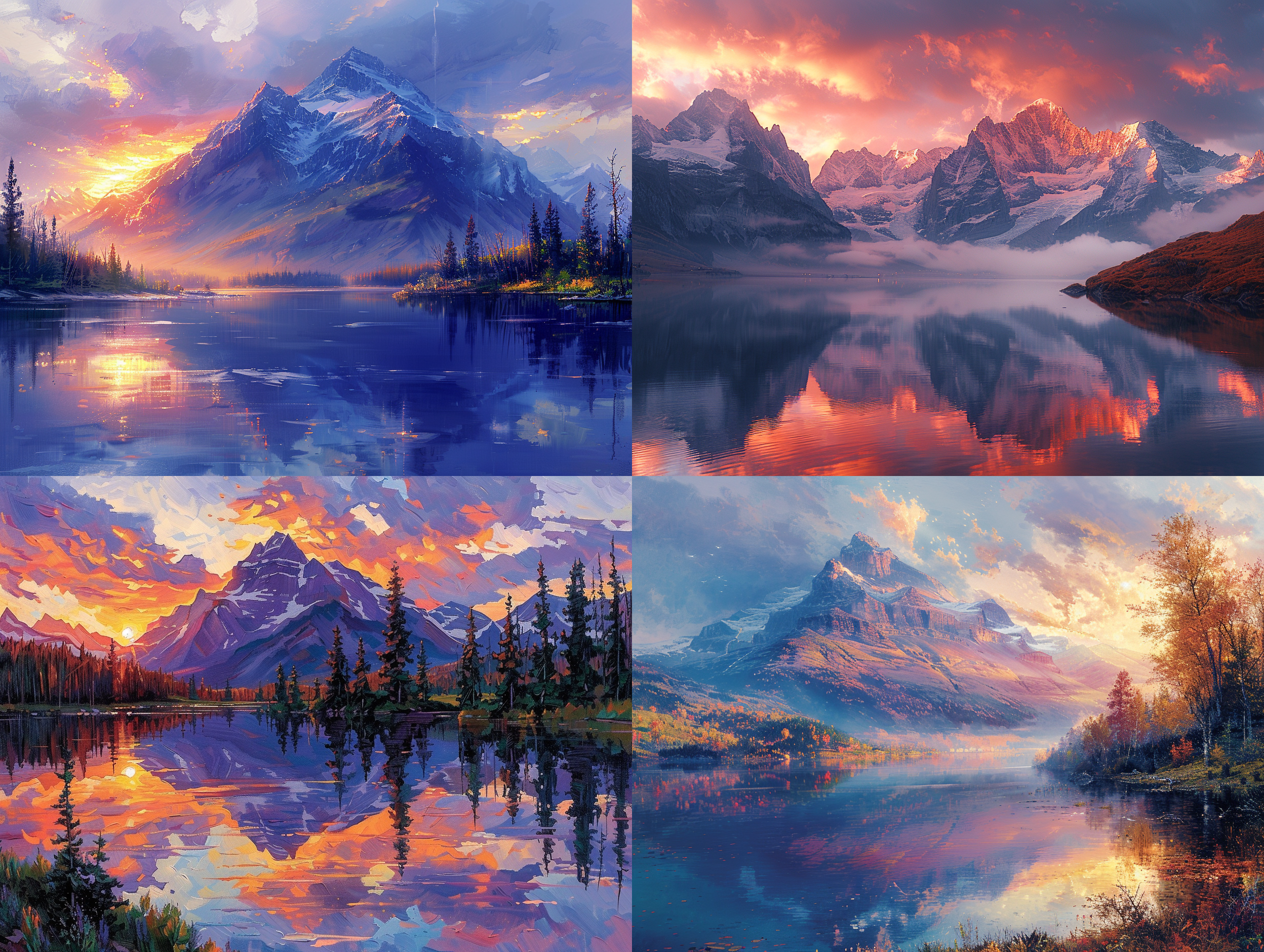 阿尔匹斯山，艳丽的日出，山峰映照在湖面上，油画风格，绚丽色彩，广角镜头，水平构图，柔和的光线，壮观景象，宁静，神秘。