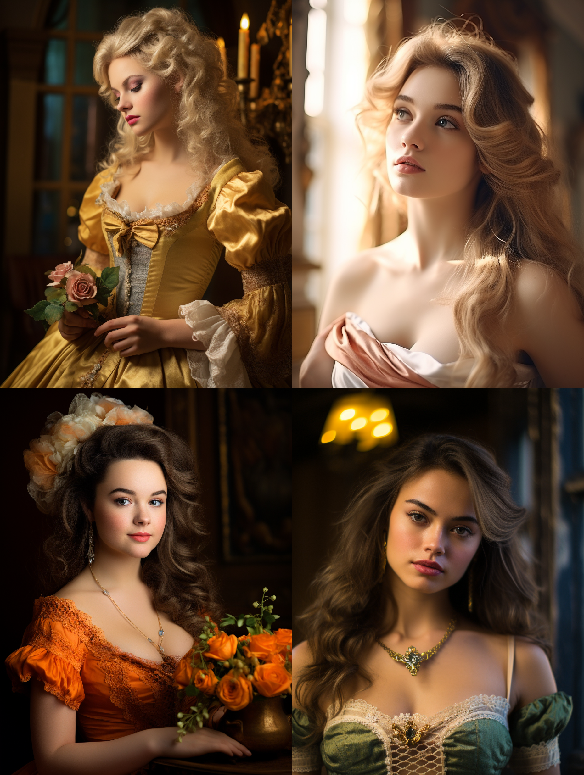 室内拍摄，明亮色调，模特穿着古典服装，侧面肖像，柔和光线，中焦镜头，端庄表情，优雅动作，传统元素，油画效果，温暖情感