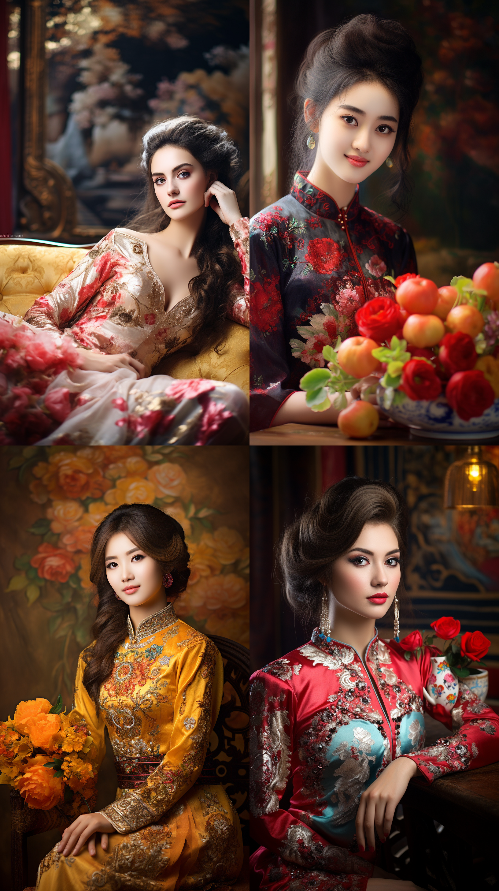 室内拍摄，明亮色调，中国模特穿着古典服装，侧面肖像，柔和光线，中焦镜头，端庄表情，优雅动作，传统元素，油画效果，温暖情感