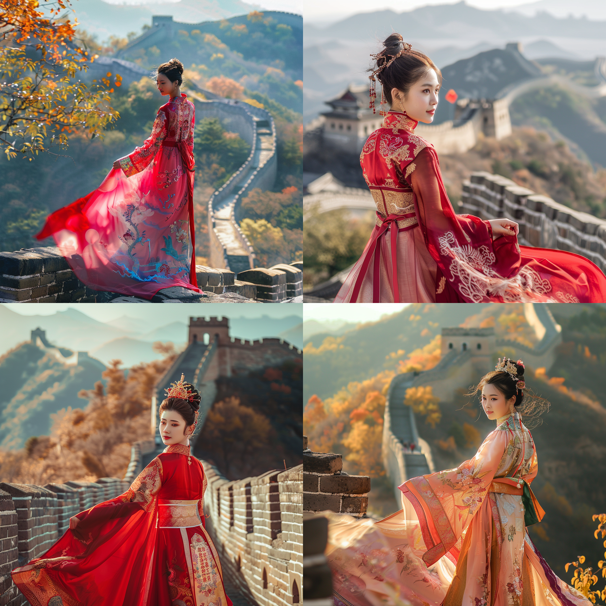 古风美女，八达岭长城，雍容自信，华贵大方，细腻生动，全景80mm镜头，自然光，壮观景象，细节丰富，暖色调，高饱和度，传统服饰，优雅动作。
