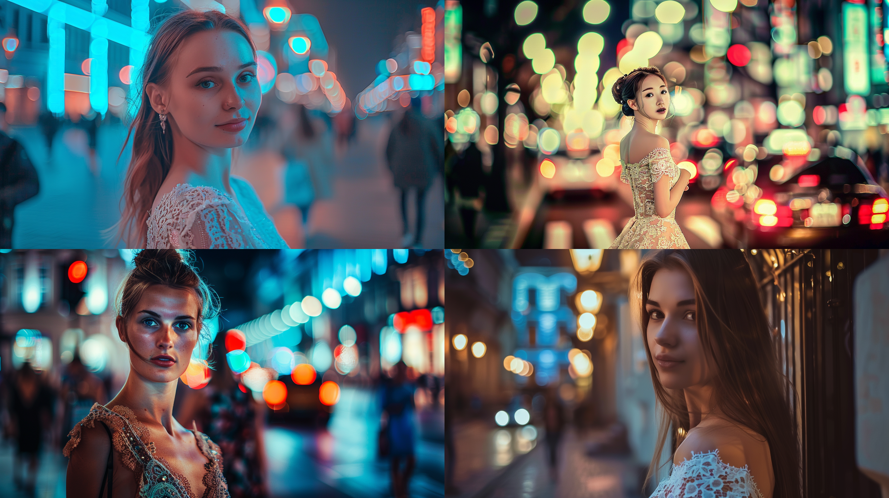都市女郎穿着蕾丝裙，背景为繁华都市，大眼睛，精装妆容，白皙光滑皮肤，高贵气质，高清画质，完美光线，柔和色调，微笑。霓虹灯光，50mm定焦镜头，正面视角。