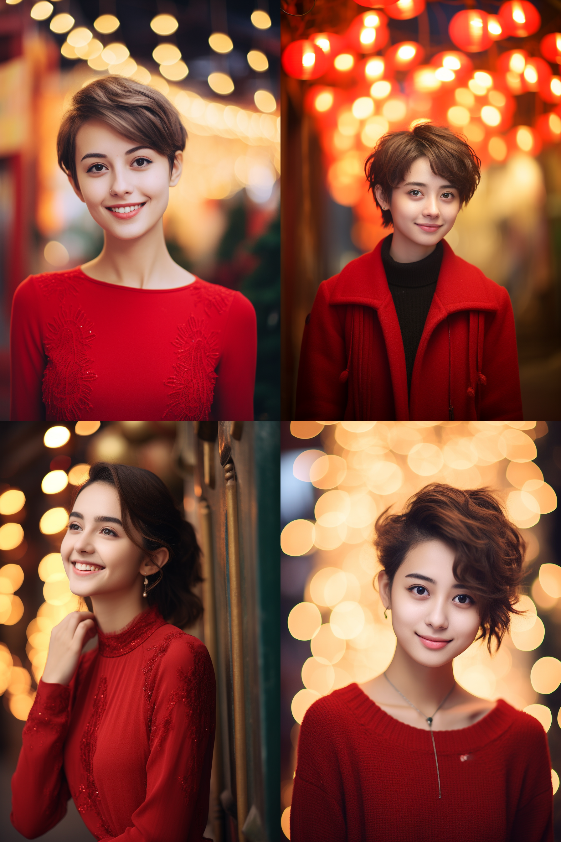 中国短发女孩，圣诞氛围，明亮环境，超高清摄影图，红色连衣裙，微笑面容，暖色调，柔和侧光，肖像镜头，自然表情，传达喜悦、温馨。
