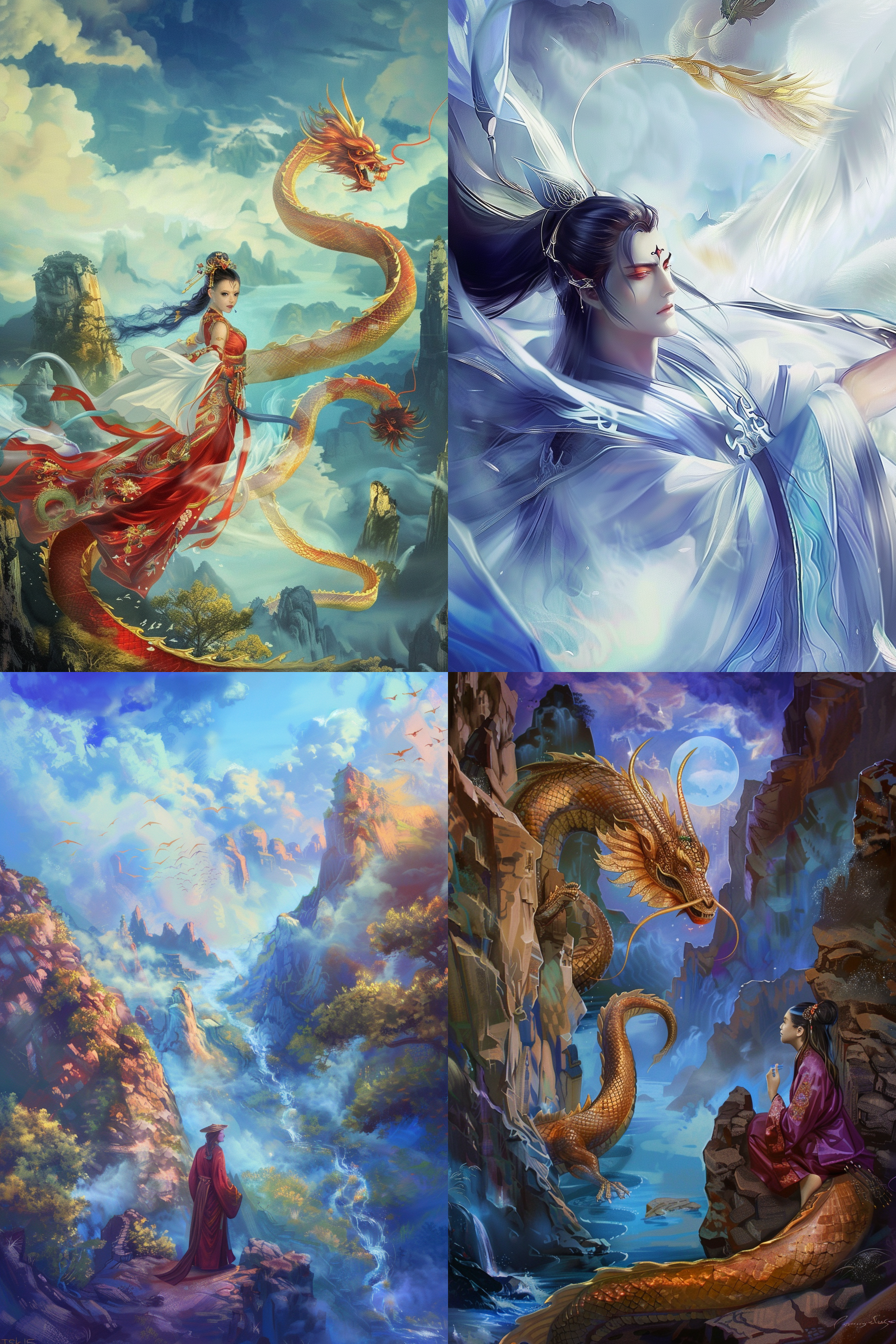 中国龙与修仙者，峡谷对角线，祥云环绕，古风仙侠，长袍头巾，神情庄严，宏伟气势，金色龙鳞，蓝色调，远景透视，柔光，静止凝视，神秘。 中国龙