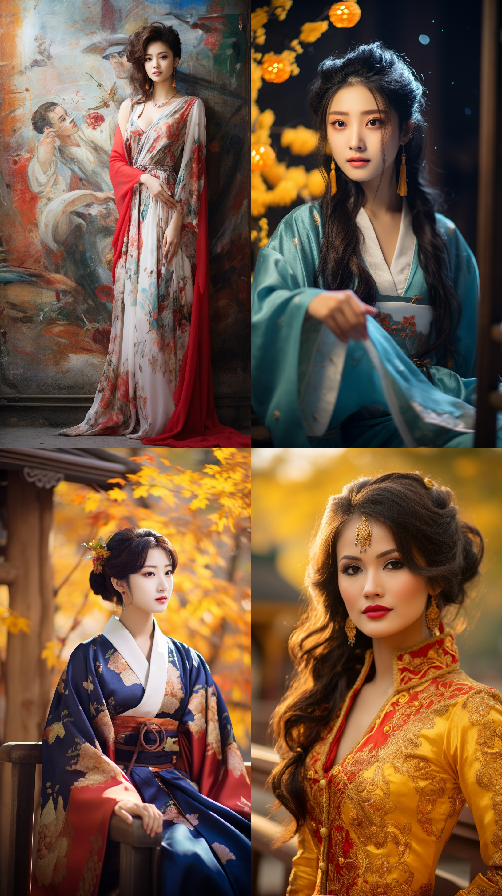 室外拍摄，明亮色调，中国模特穿着古典服装，侧面肖像，柔和光线，中焦镜头，端庄表情，优雅动作，传统元素，油画效果，温暖情感