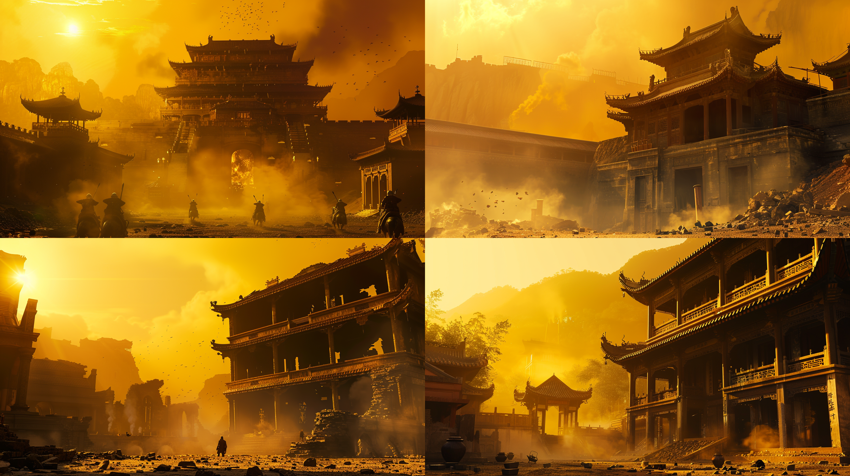 非常破败的旧宫殿，昏黄画面