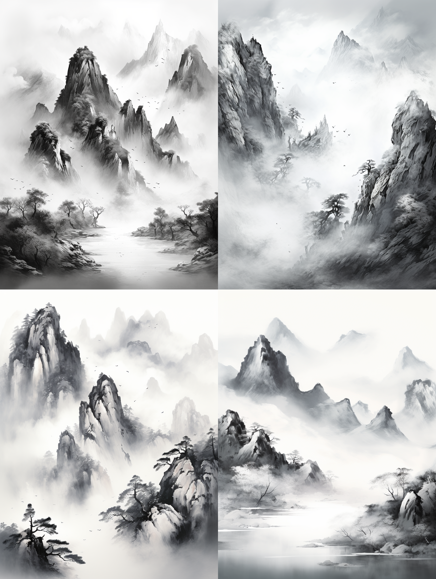 中国水墨山峰画，大胆泼墨，宁静，永恒，黑白，八座山峰，细节丰富，传统风格，210:297纵横比例，神秘感。