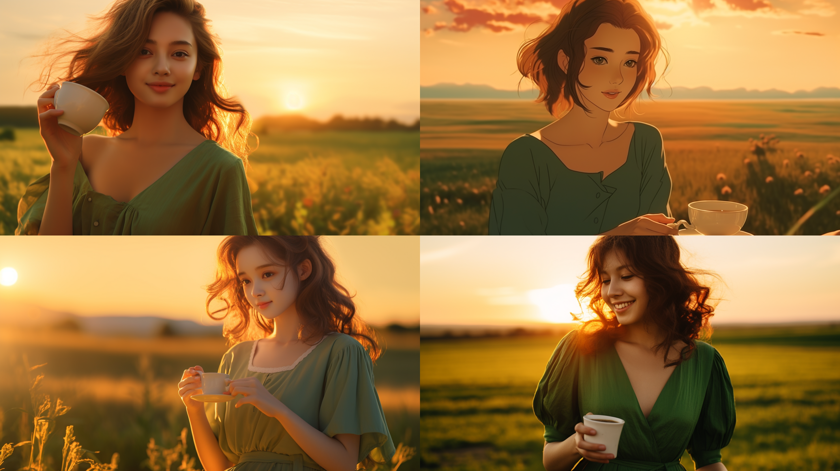 穿绿色连衣裙的女孩喝茶，黄金比例构图，广阔视野，面部特写，宫崎骏风格，温暖色调，35mm定焦镜头，日落光线，抿嘴微笑，宁静祥和。