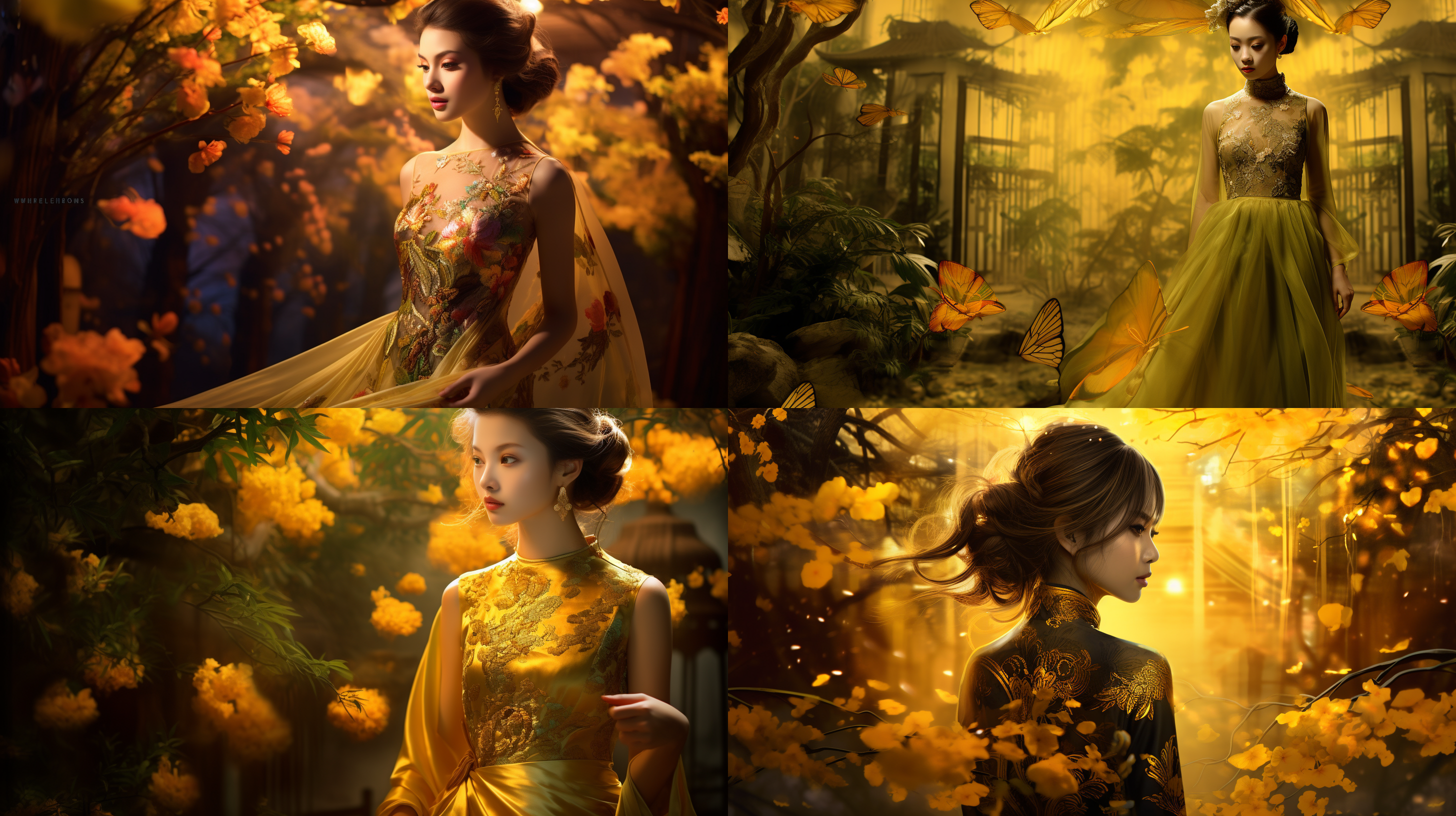 优雅的旗袍女士在仙境般的花园中，身姿端庄。光线透过树木，投下金色光芒。服装华丽，面部表情神秘。波普艺术风格，薄纱面料，暮光射线，充满魔力。,旗袍,仙境花园,波普艺术,暮光射线,薄纱,金色,神秘。