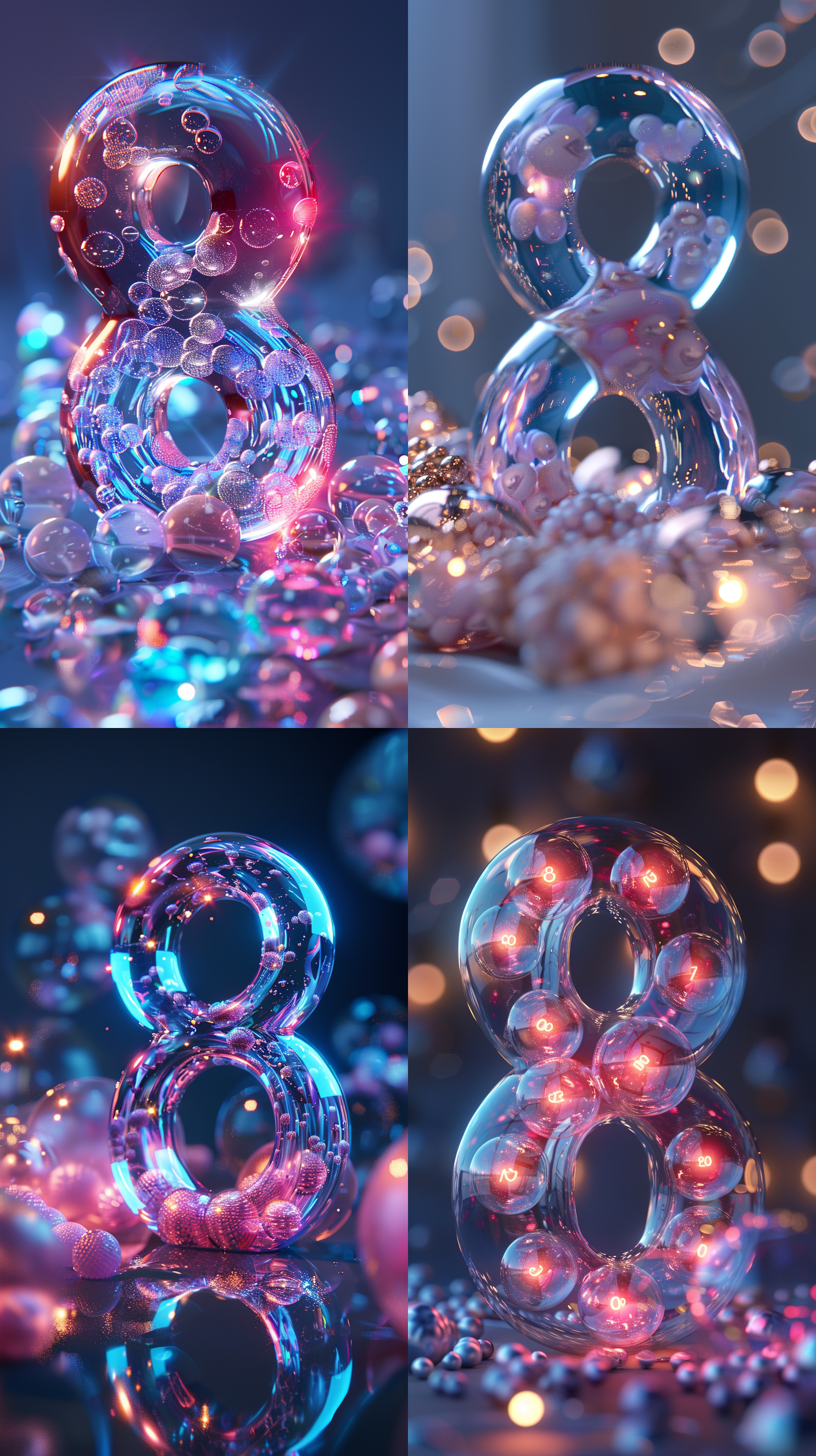 number"8", blue background,transparentbubbles, laser light, soft lighting, laser color,3d render