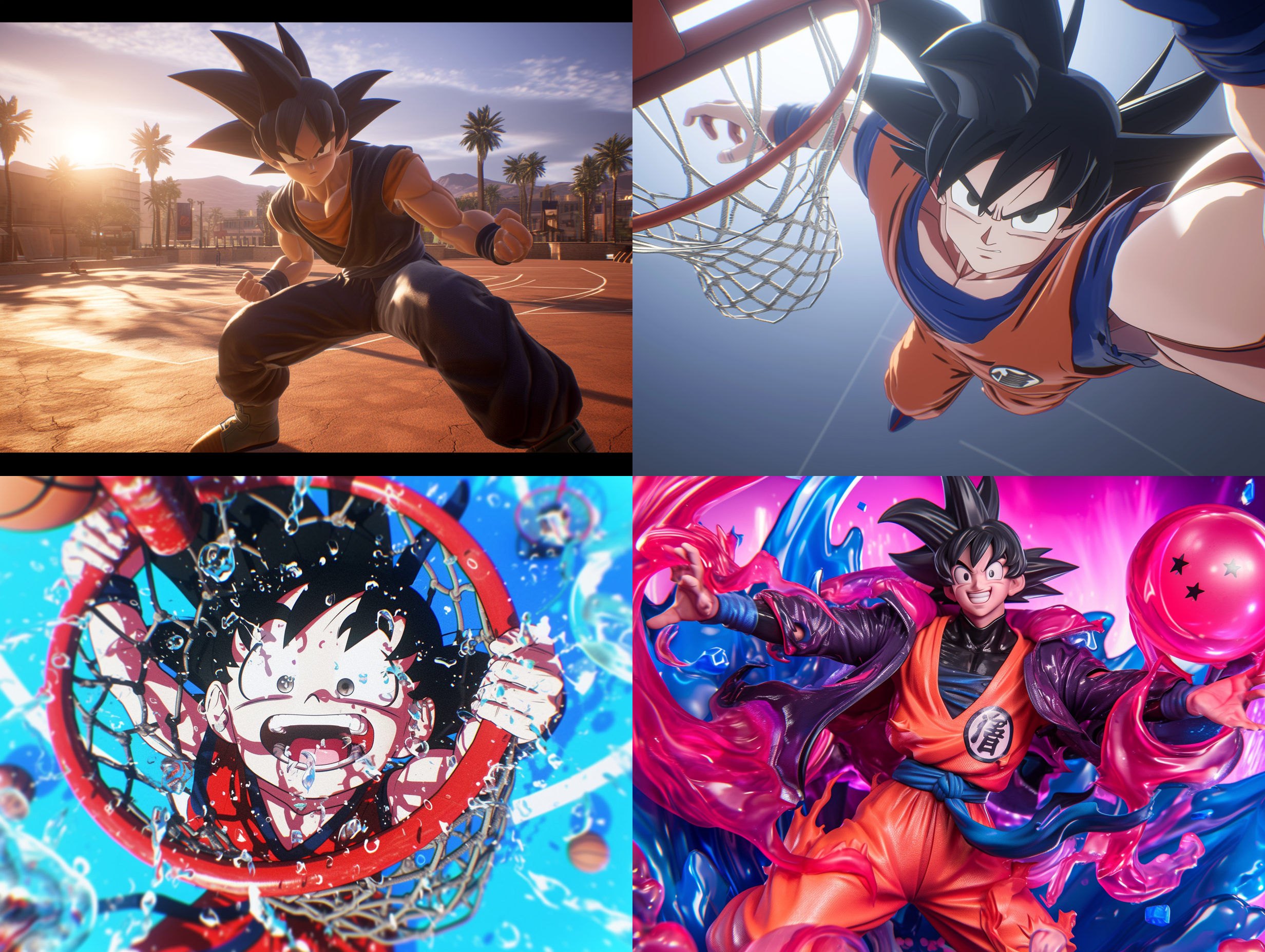 prompt: full body,3d concept. dragonball z kid goku, dunking, basketball court made in glossy rubber, low - angle, blue sky, visual impact. unreal engine 5 rendering, skin subsurface scattering, high sampling, high pixel count, extreme facial detail, aaa. cinematic lighting, commercial post production, glossy finish, cinematic lighting, screen space gl, ray tracing gi diffuse reflection, luminescence, shadows, roughness, ray tracing reflection, lumen reflection, akira toriyama style, shutter speed 1/ 1000, , 32k f/ 22, 32k, super resolution