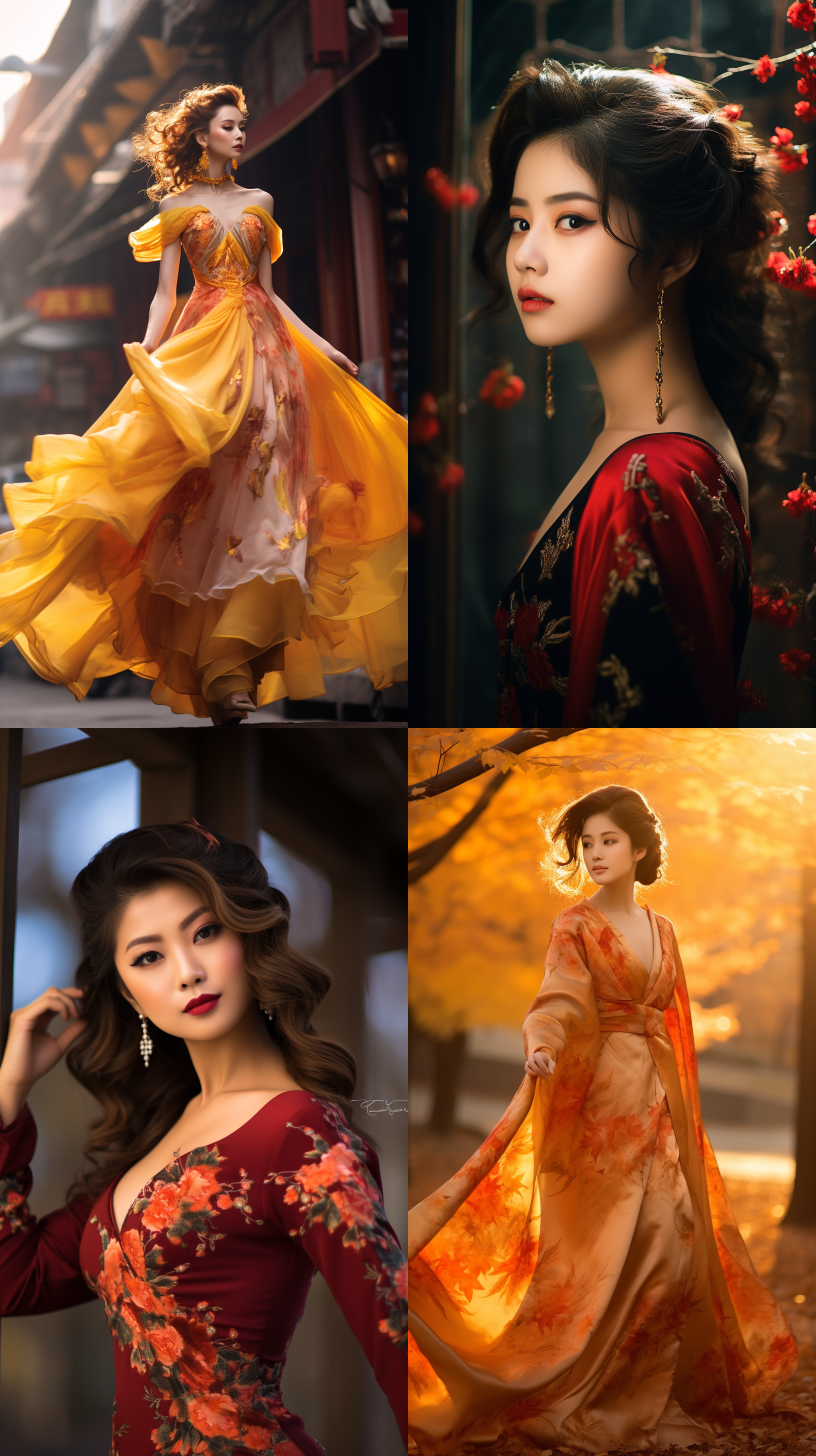 室外拍摄，明亮色调，中国模特穿着古典服装，侧面肖像，柔和光线，中焦镜头，端庄表情，优雅动作，传统元素，油画效果，温暖情感