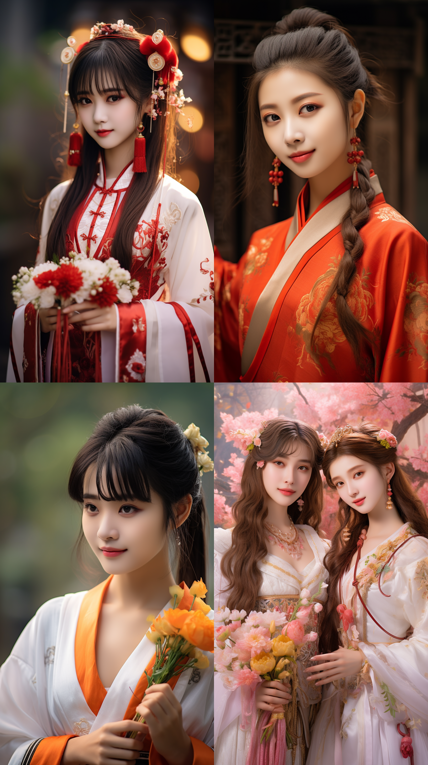 室外拍摄，明亮色调，中国模特穿着古典服装，侧面肖像，柔和光线，中焦镜头，微笑表情