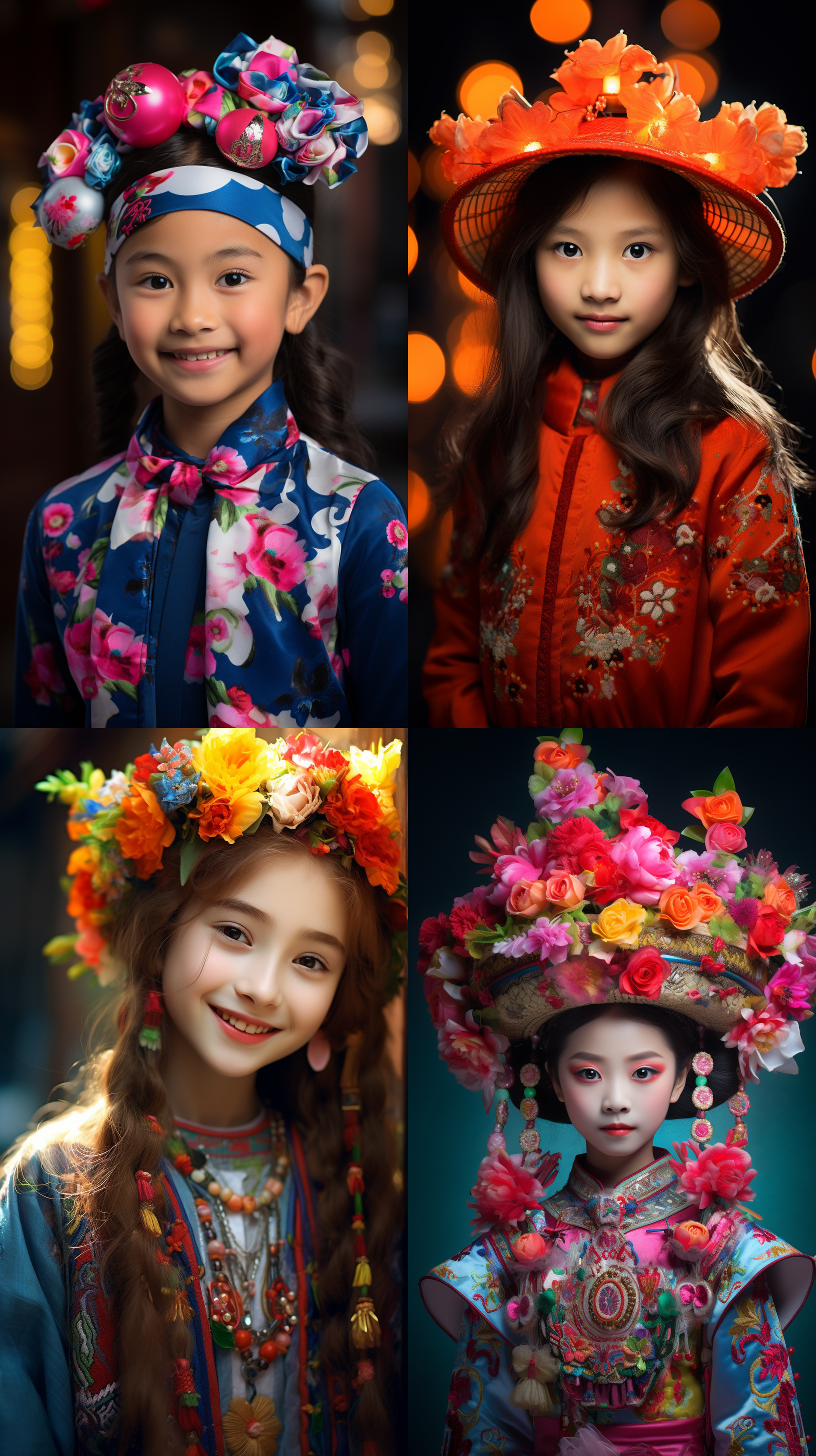 12岁中国女孩，明亮色调，肖像镜头，明亮光线，自然表情，花朵头饰，简洁服装，微笑，柔和光影，温暖氛围，抓拍。