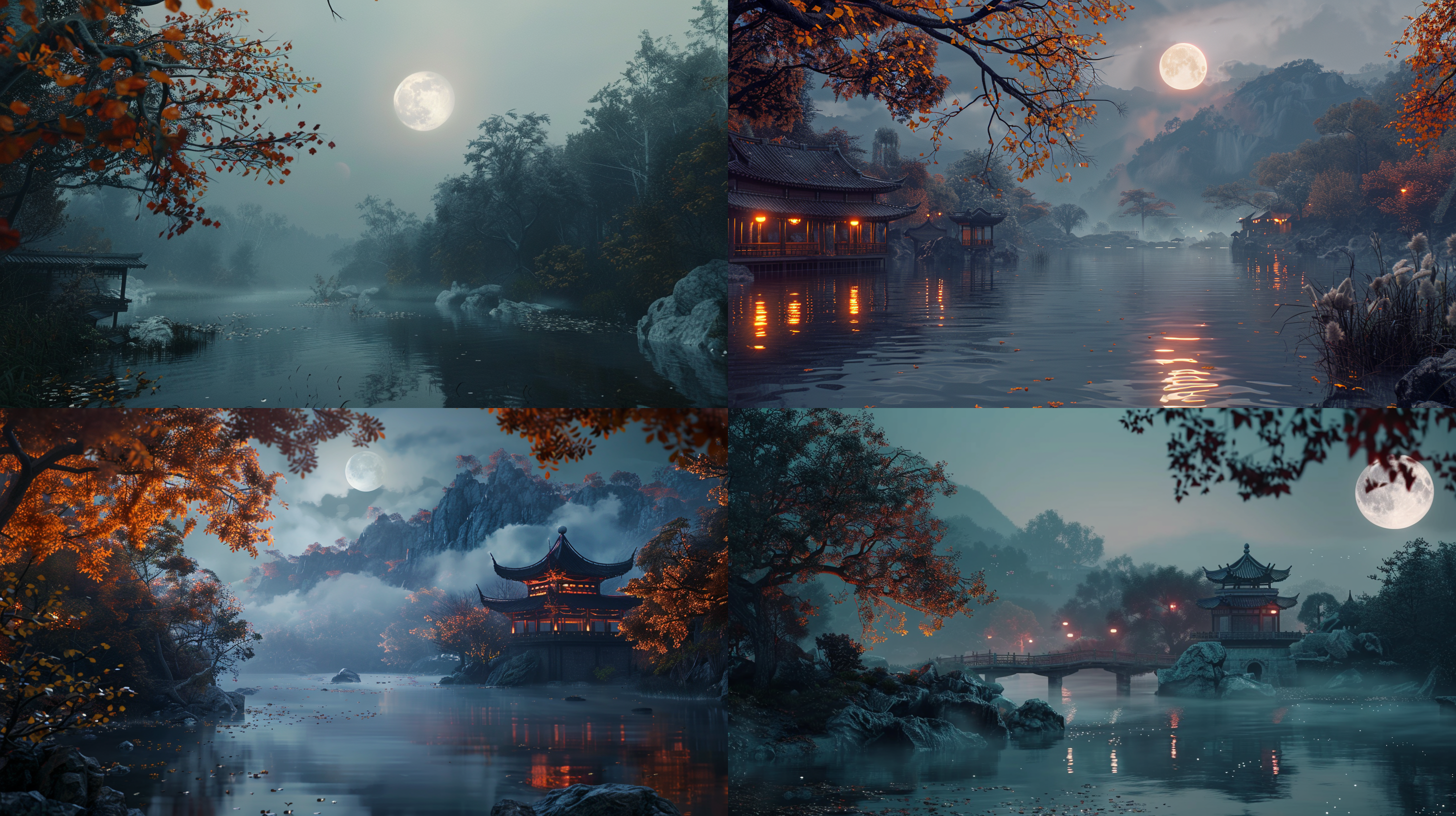autumn, night, moon, river, sad atmosphere, chinese style, mist, natural lighting, epic, realistic, 8k, octane render, beautifully detailed, light diffusion, cinematic shading, cinematic elements