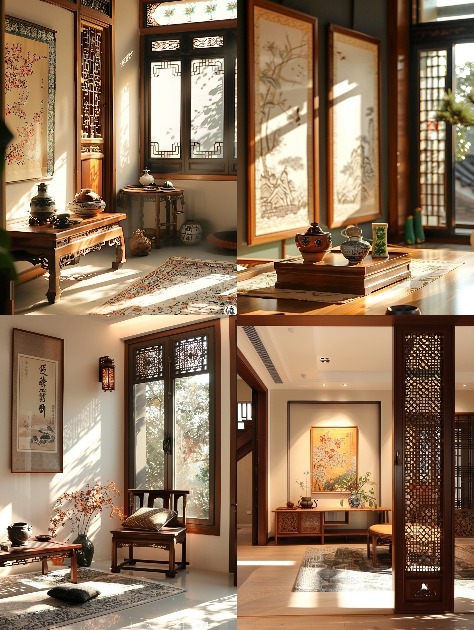 中式风格家居，阳光照射，暖色调，高分辨率，大师级摄影，装饰画为主题，禅意意境，突出细节。