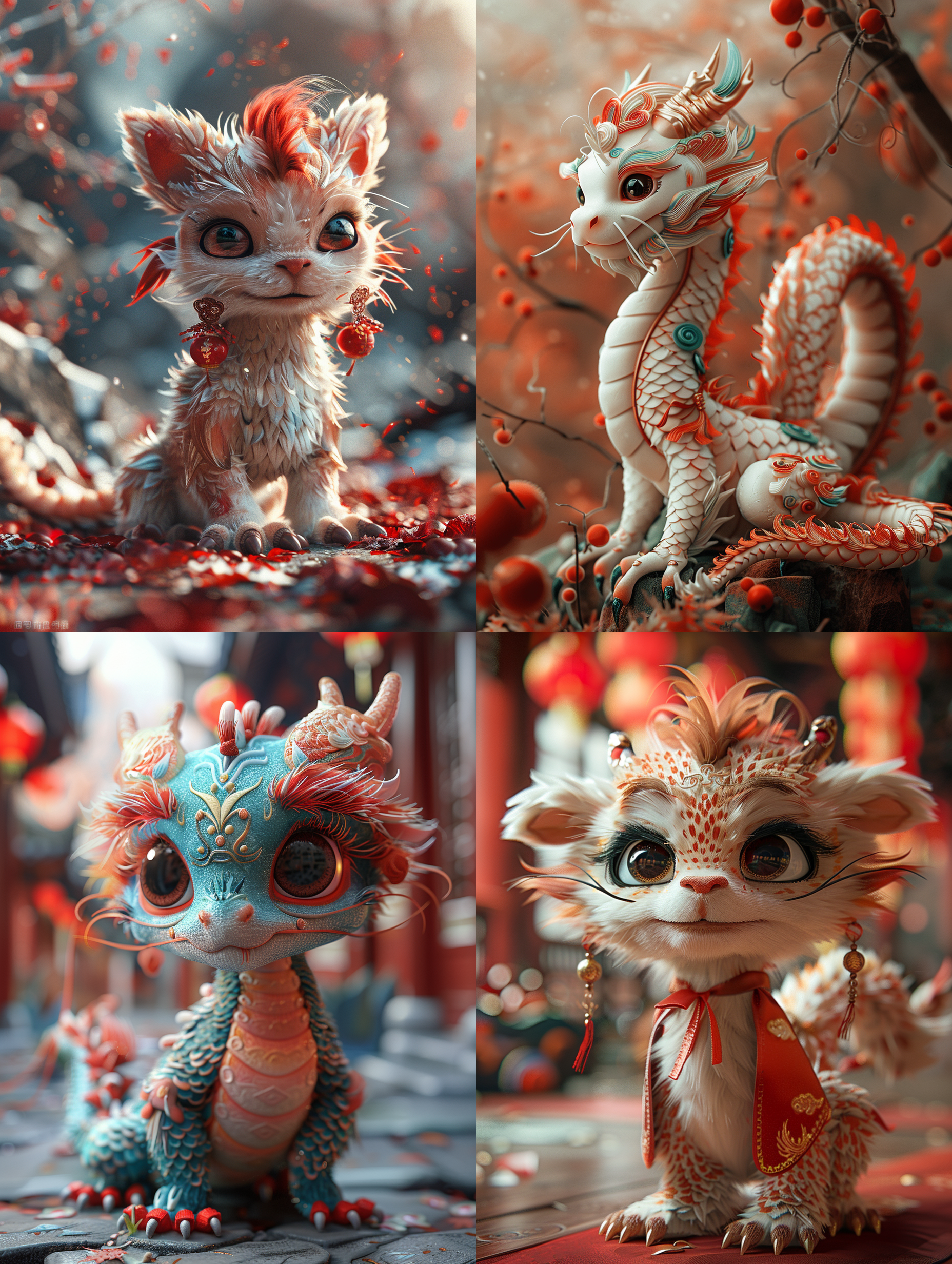 chinese style little dragon, cute pose, red background, traditional element decoration, wide composition, bright and soft light, rich details, friendly eyes, dragon claws arranged in a v-shape, festive colors, and a joyful atmosphere.