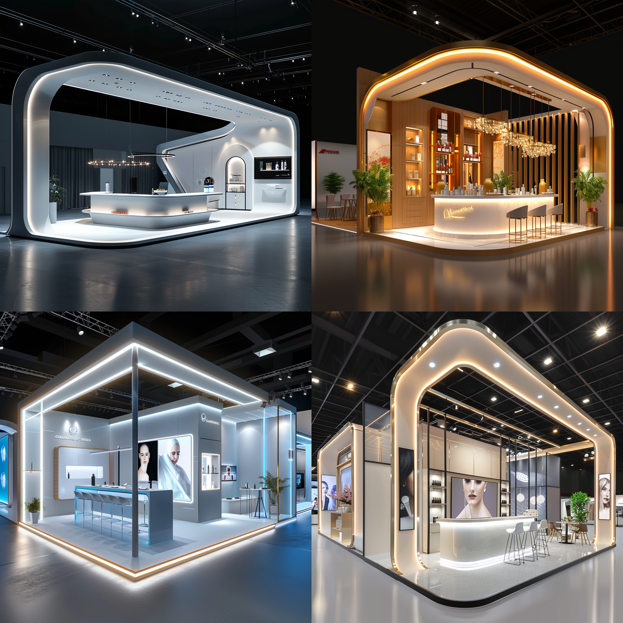 展台效果图，高大上轻奢效果，清爽风格，产品展示，8k超高细节，氛围感浓厚，清新氛围，高清拍摄，广角镜头，明亮照明，展示动作，细节突出，视觉冲击力。