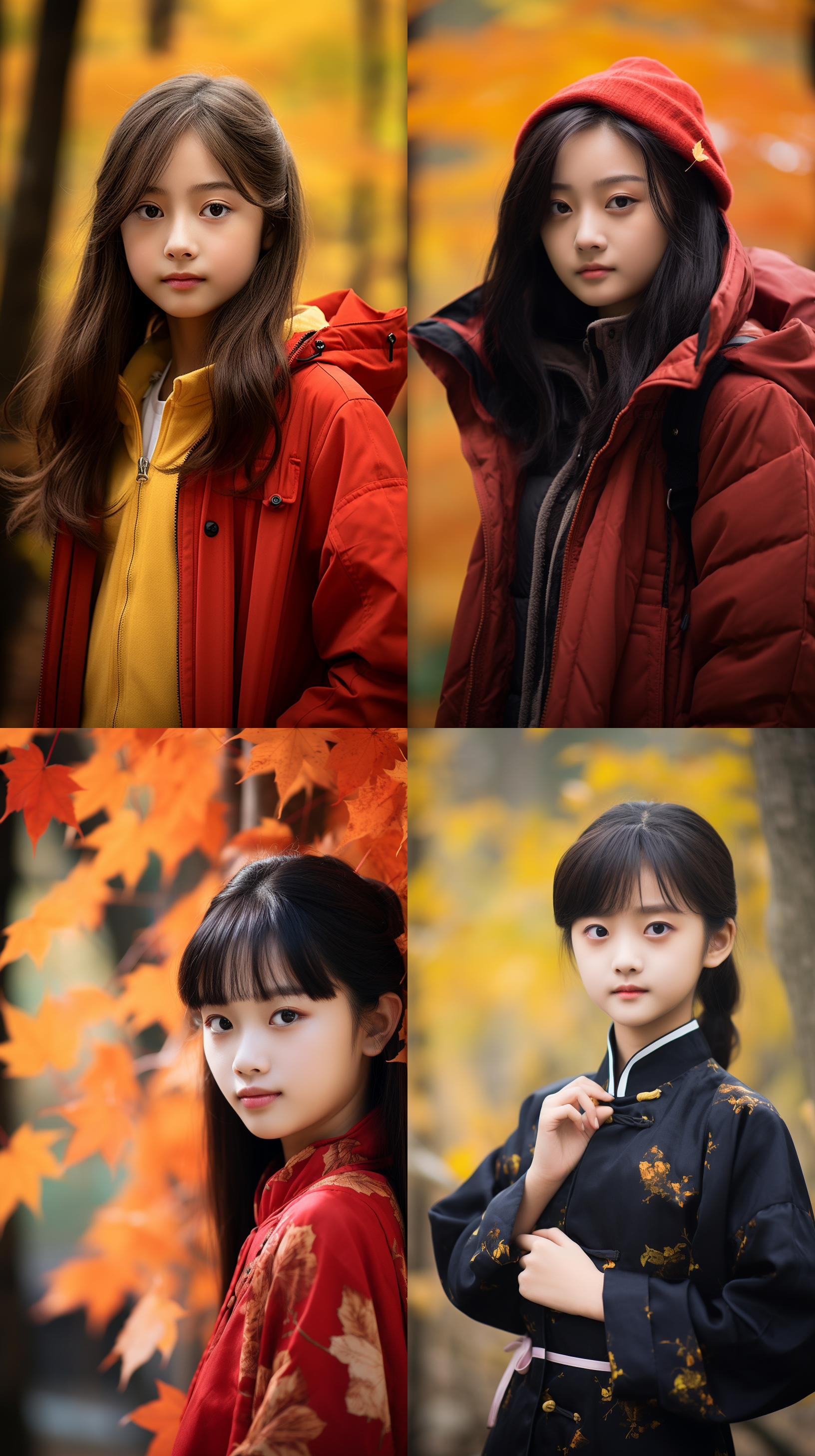 12岁中国女孩,肖像镜头，枫林背景
