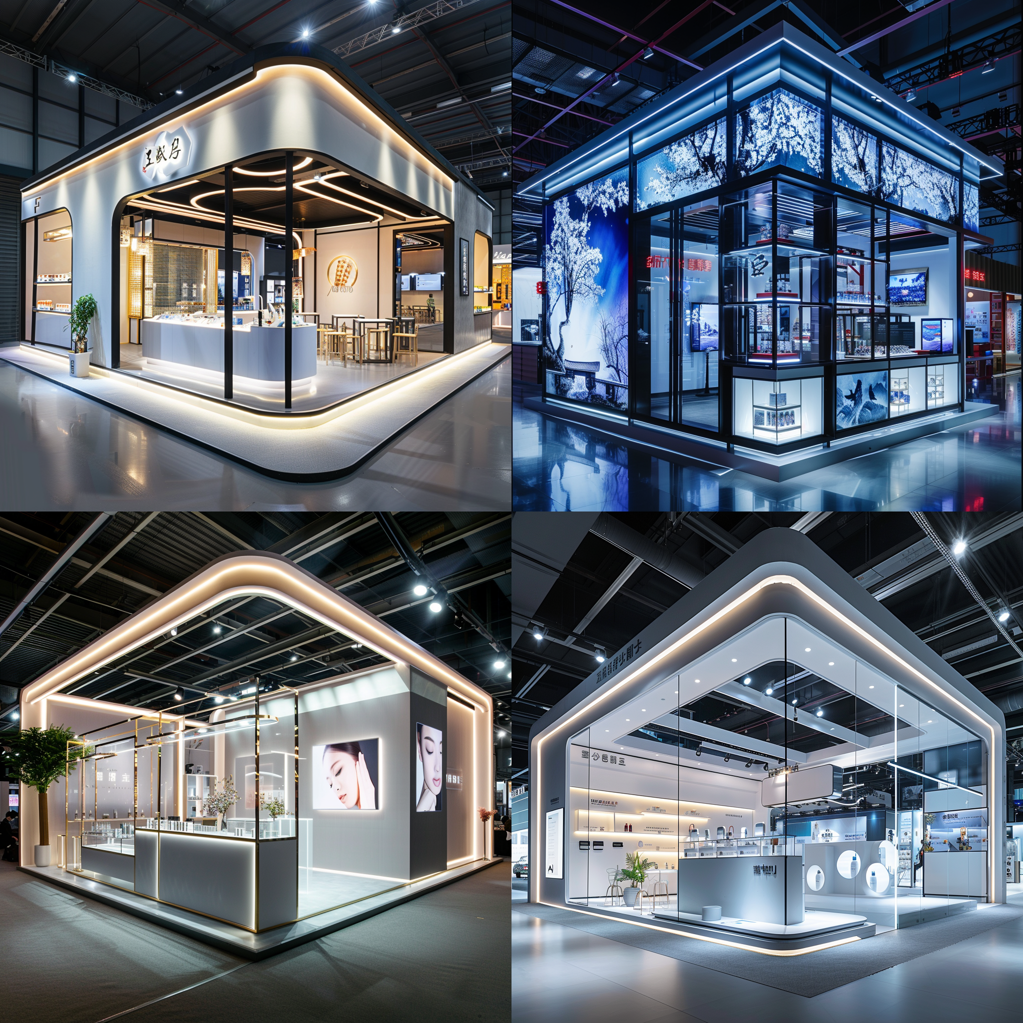 全封闭式展台，参观通道，清爽风格，产品展示，4k超高细节，氛围感浓厚，国风氛围，高清拍摄，广角镜头，明亮照明，展示动作，细节突出，视觉冲击力。