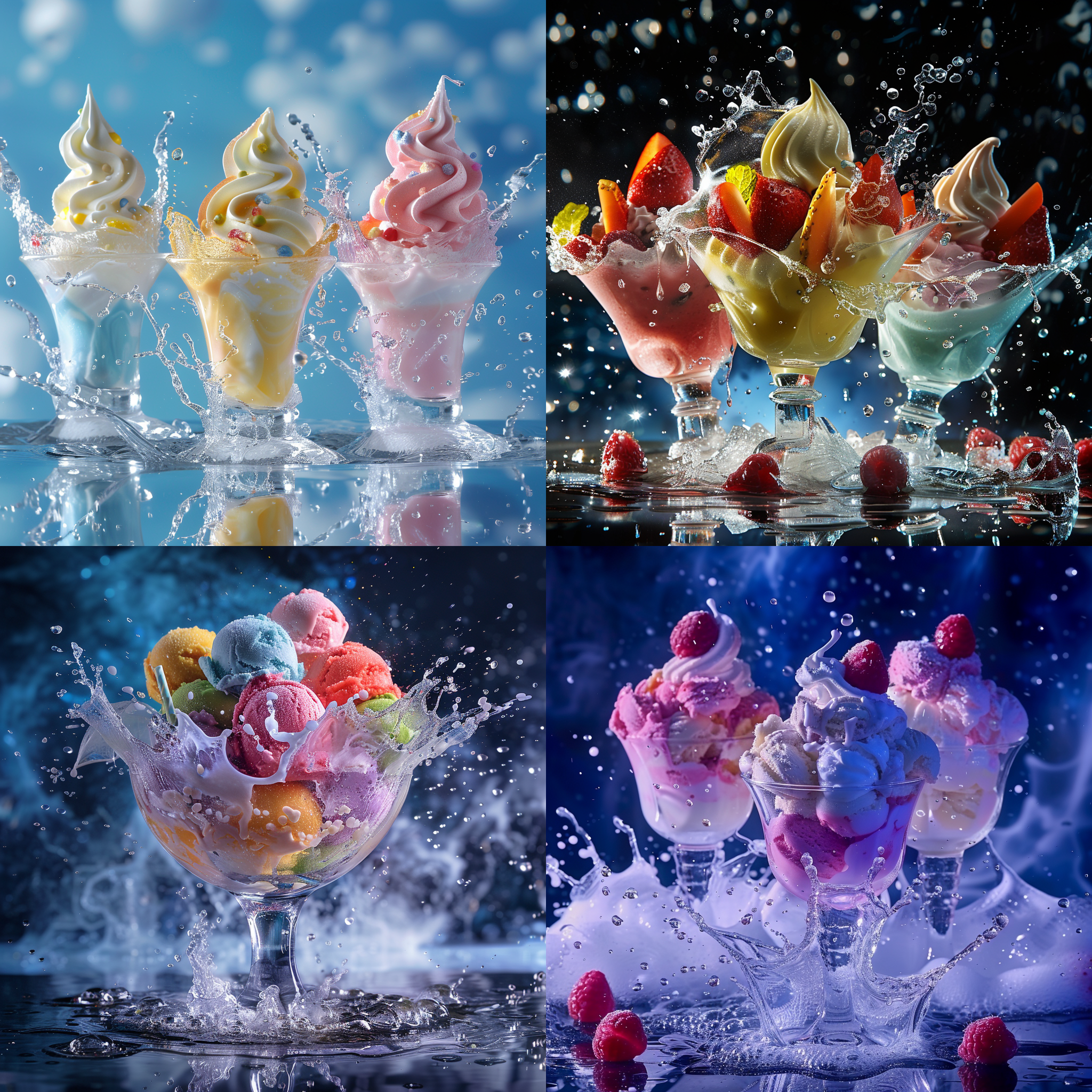 动感冰霜，炫酷氛围，多种口味展示，清爽冷色调，高对比度，正面布局，微距镜头，透明玻璃杯，冰块飞溅，水珠滴落，清新活力。